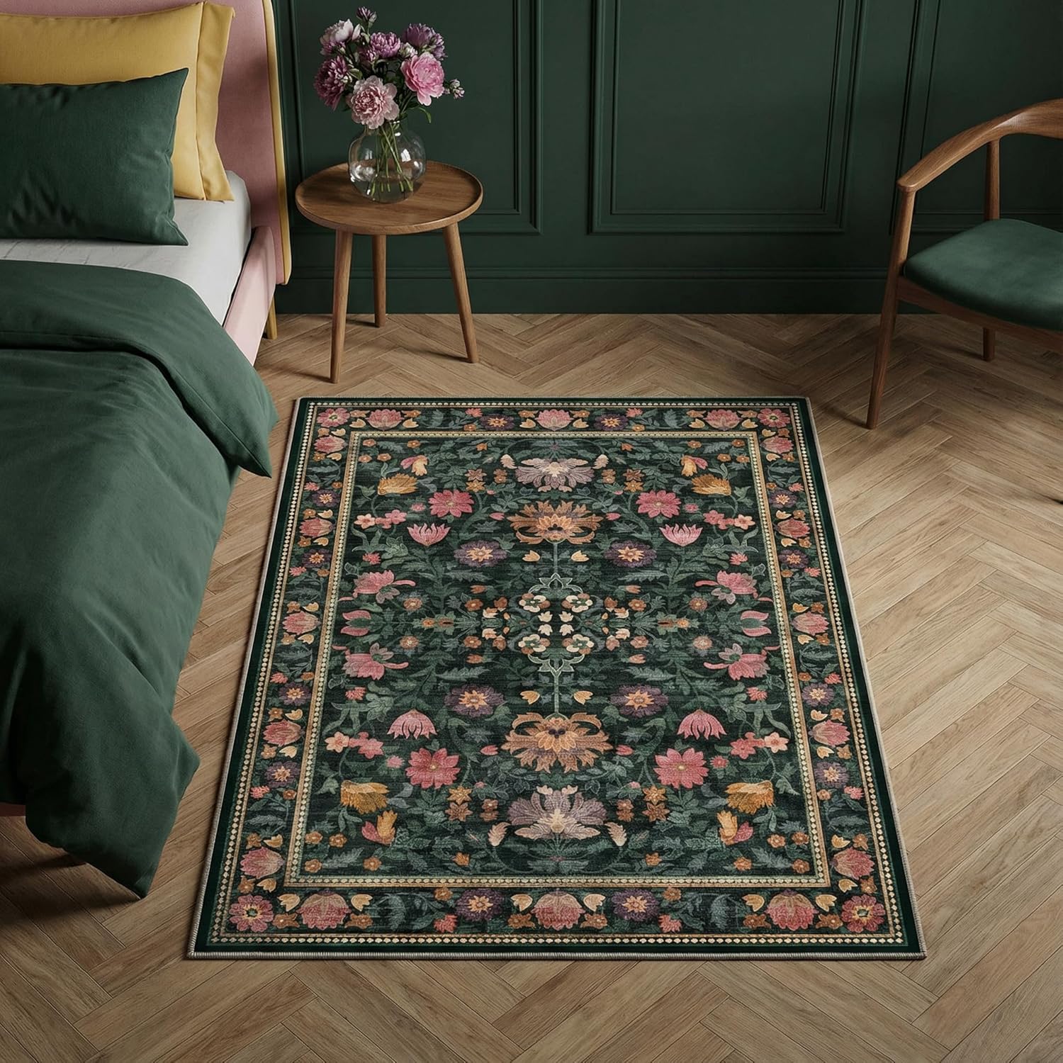 2'x3' Dark Green Washable Entry Rug, Non-Slip Silicone Backing Front Door Mat, 0.26" Low Pile Faux Wool Soft Boho Rug, Vintage Botanical Water Resistant Carpet for Kitchen Entryway