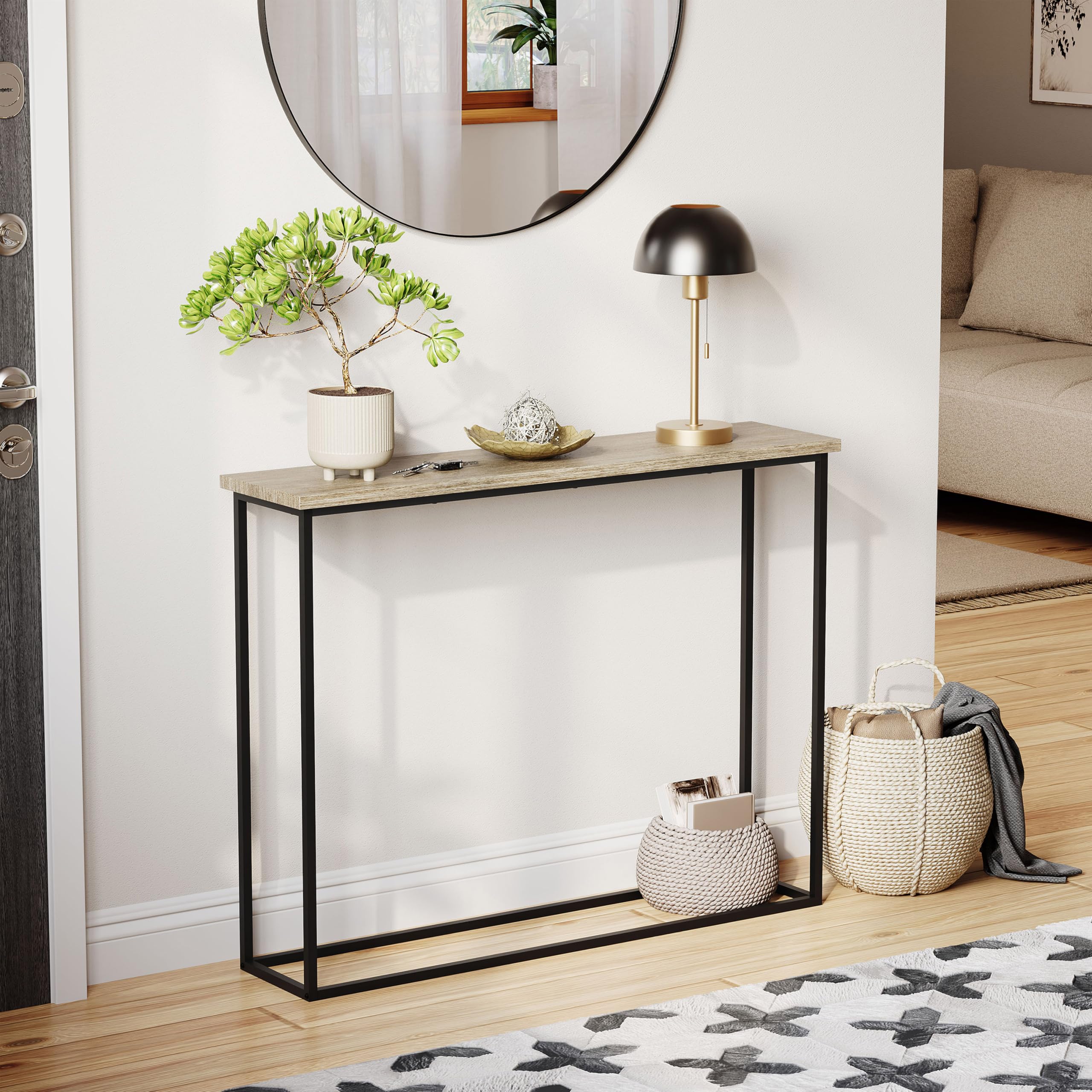 Vida Designs Narrow Console Table 100cm | Slim Hallway Table for Small Spaces | Industrial Metal Frame & Wood Effect Top | Modern Entryway/Sofa Table | Easy Assembly | Oak & Black