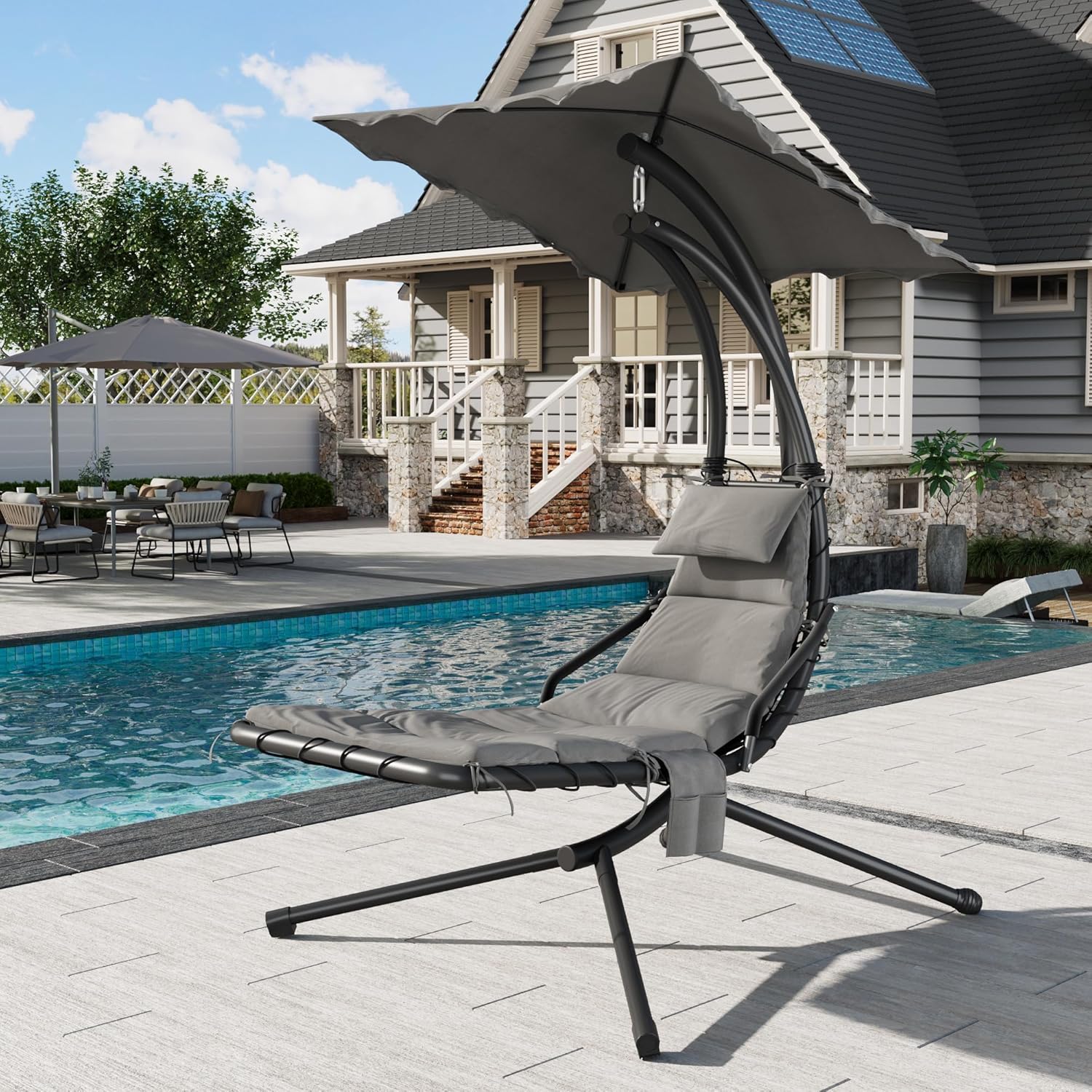 GarveeLife Chaise Lounger Swing Chair with Umbrella Canopy, Patio Hanging Chaise Lounger Chair with Stand, Curved Steel Outdoor Lounge Chairs for Indoor Patio Pool Garden Backyard Porch