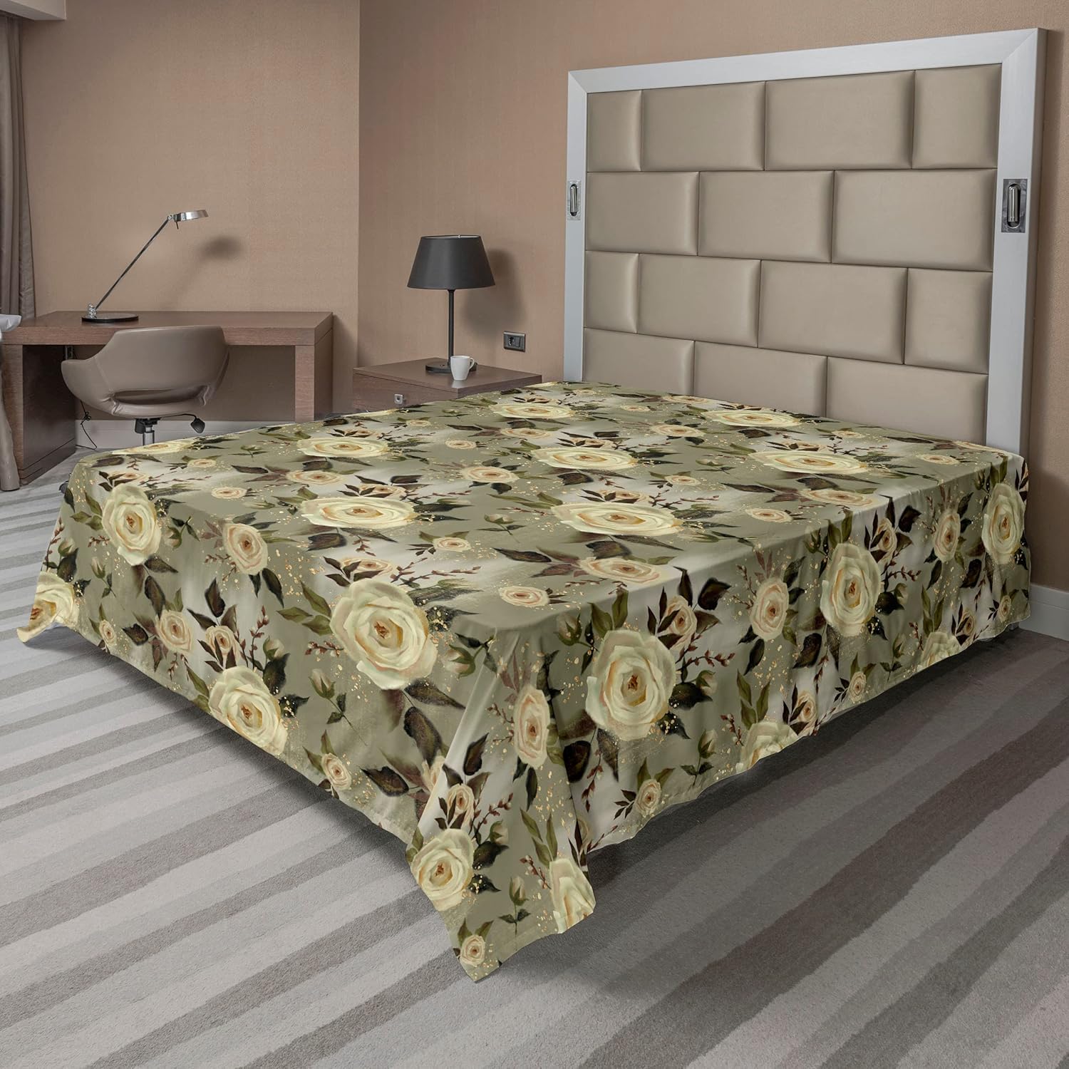 Ambesonne Garden Scene Flat Sheet, Springtime Floral Design with Leaves Greenery on Darkened Backdrop, Soft Comfortable Top Sheet Decorative Bedding 1 Piece, Queen Size, Pale Olive Green Blush