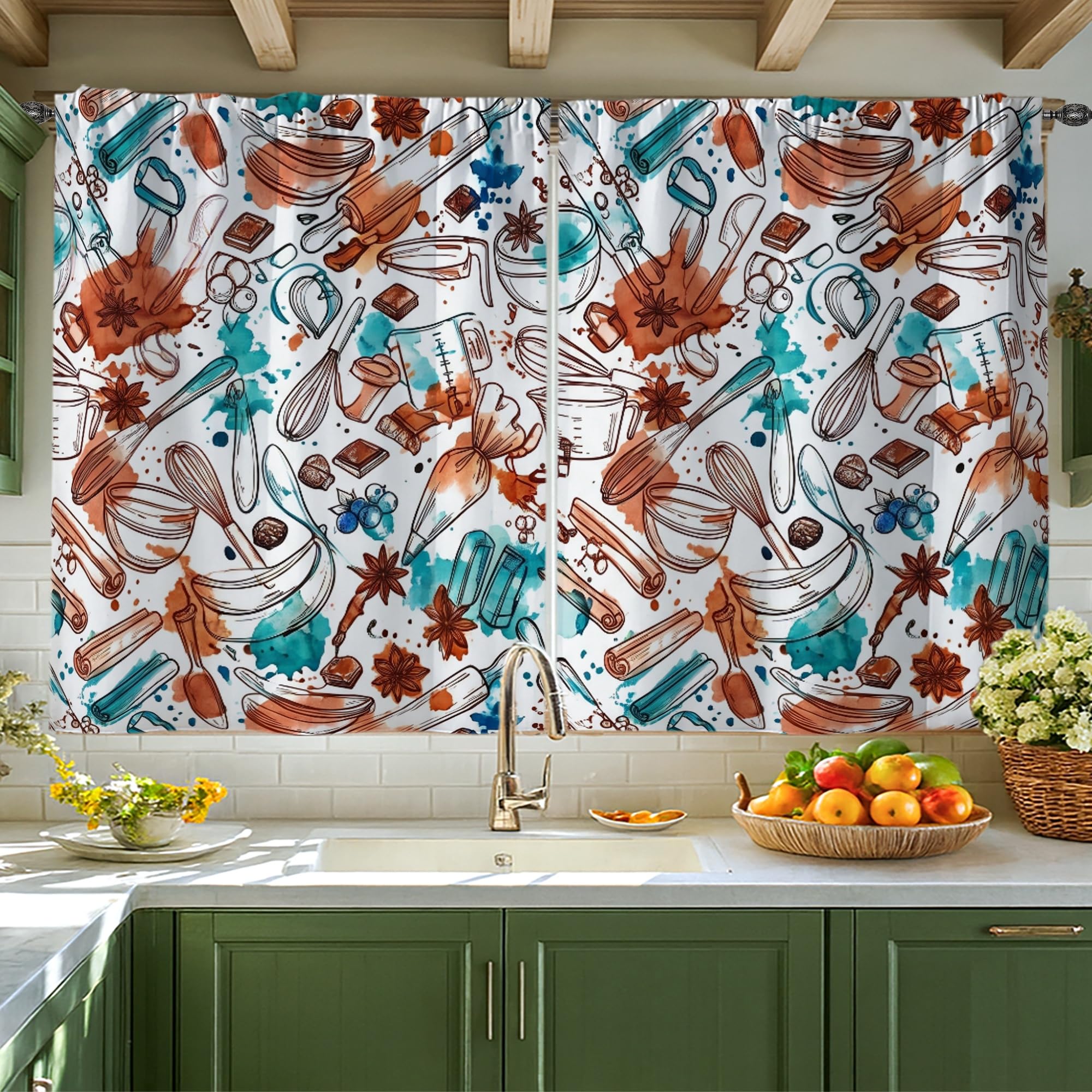 Rideaux rustiques vintage turquoise 106,7x114,3 cm pour fenêtre étroite