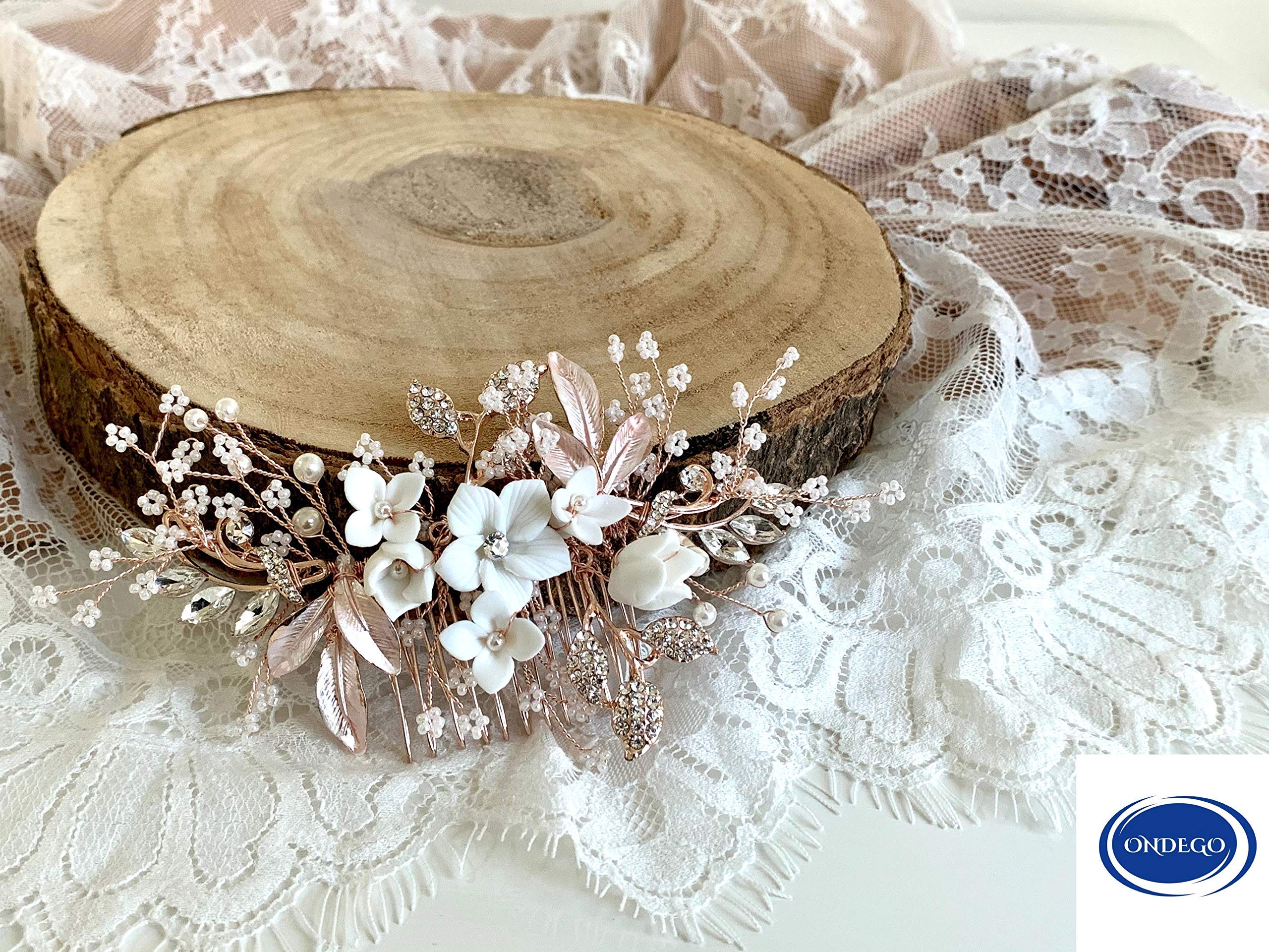 Rosegold Brauthaarschmuck Haarkamm – Handgefertigter 3D Blumen Haarschmuck mit Perlen & Strass – Leichter Haarkamm für Hochzeit Brautfrisur Festliche Anlässe