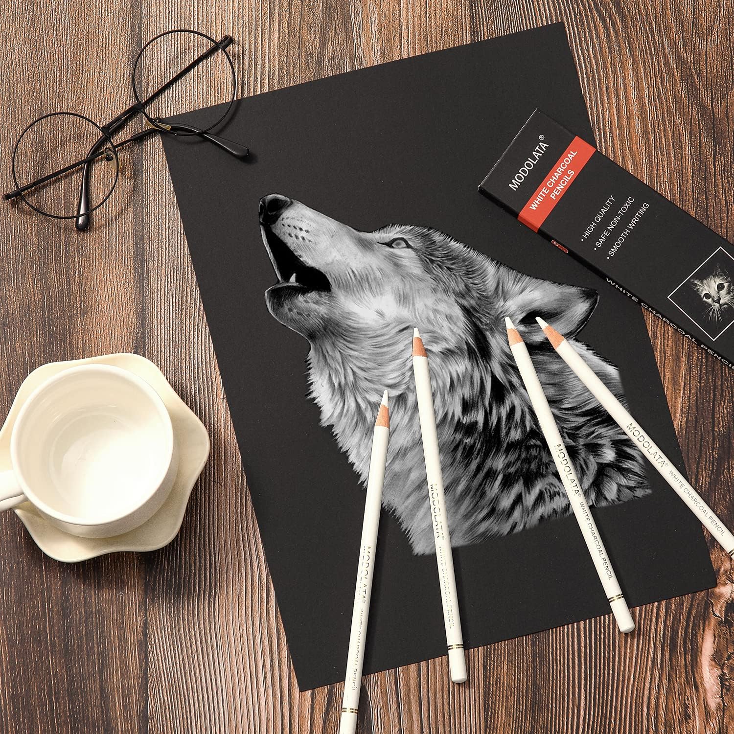 White Charcoal Pencils for Artist, Set of 6 White Drawing Pencil for Illustration,Shading, Blending,Sketching, Black Paper : Arts, Crafts & Sewing