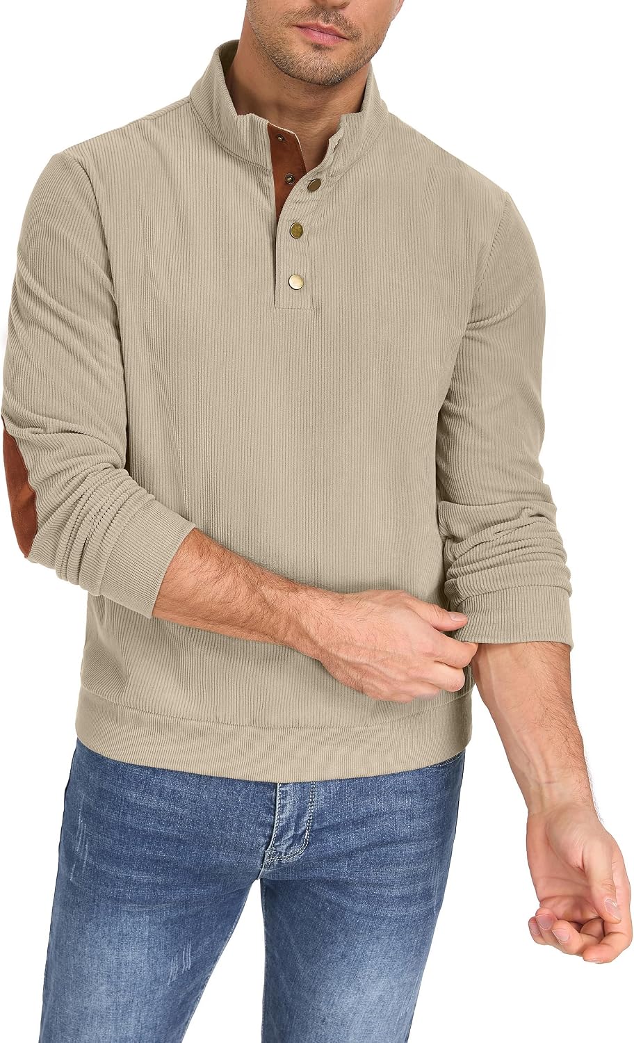 ONLYSTORY Mens Casual Corduroy Sweatshirt Long Sleeve Stand Collar 1/4 Button Up Pullover Fall Polo Sweaters