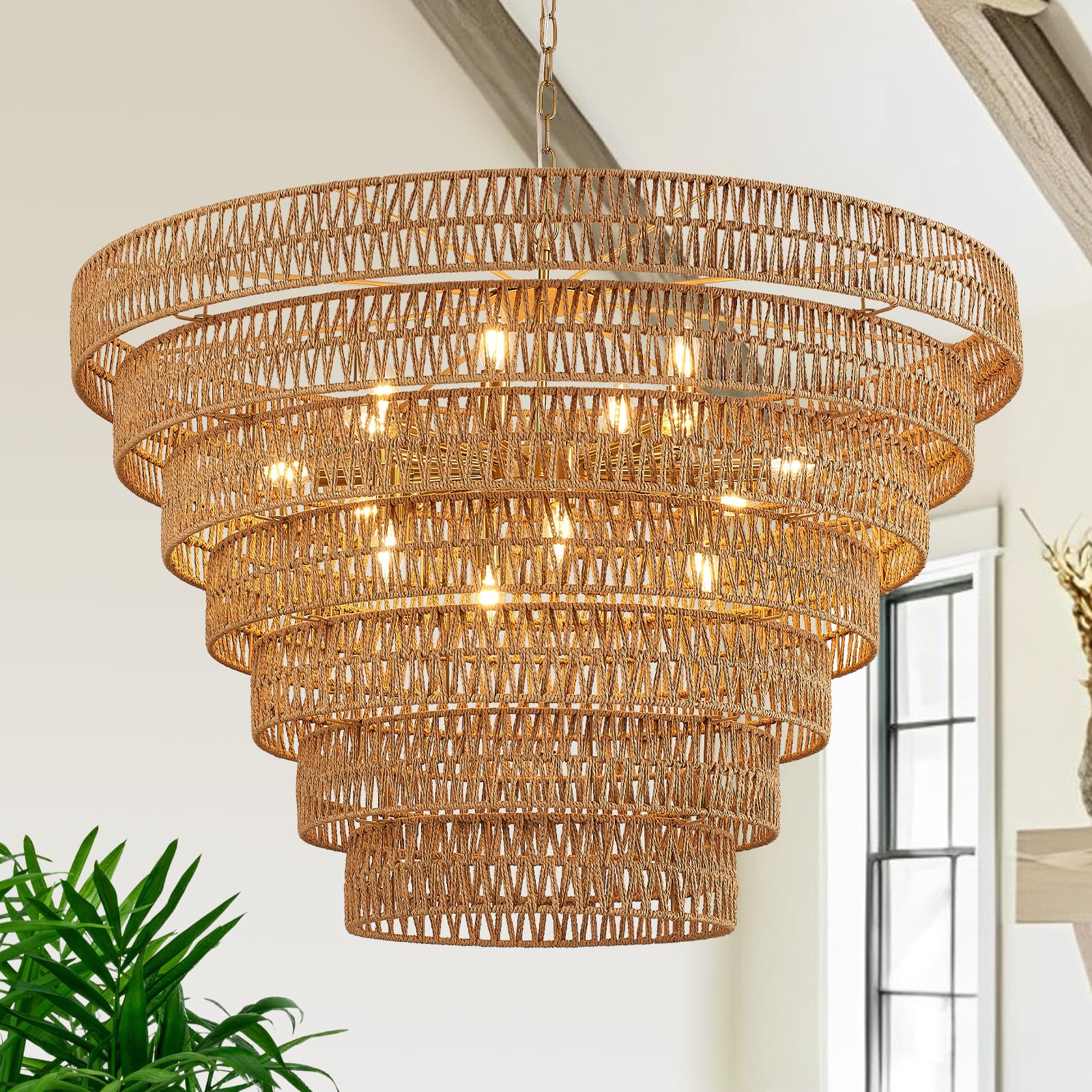 Photo 1 of Widluth Hand-Woven Rattan Chandelier Vintage Farmhouse 15-Lights Boho Bamboo Large Chandeliers Light Fixture 7-Tier Drum Wicker Chandelier for Dining Room, Living Room, Kitchen, E12