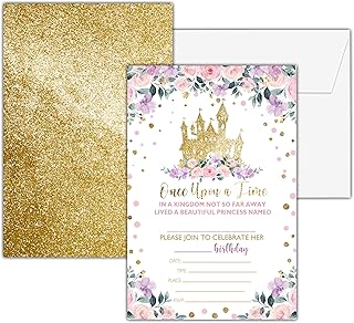 Princess Birthday Invitations, 25 Double-Sided Magical Kingdom Castle Party Invitation Cards with 25 Envelopes, Kids Party Invites Celebration Decoration Supplies - B02