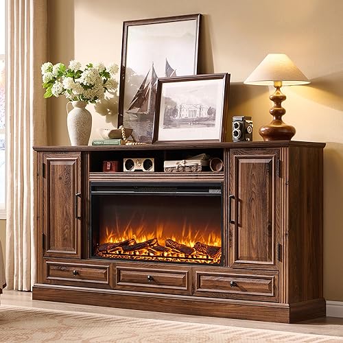 ACCOHOHO Fireplace TV Stand for 80 Inch TV, 35.7" Tall Farmhouse Entertainment Center W/36'' Electric Fireplace, Media Console with Large Storage Cabinets and Drawers for Living Room, Brown
