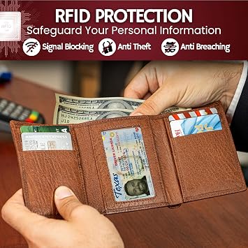 BULL GUARD RFID Genuine Leather Trifold Wallets for Men ID Window, Secret Pocket, Adventure Brown - Wild Buffalo Brown, S, RFID Wallet