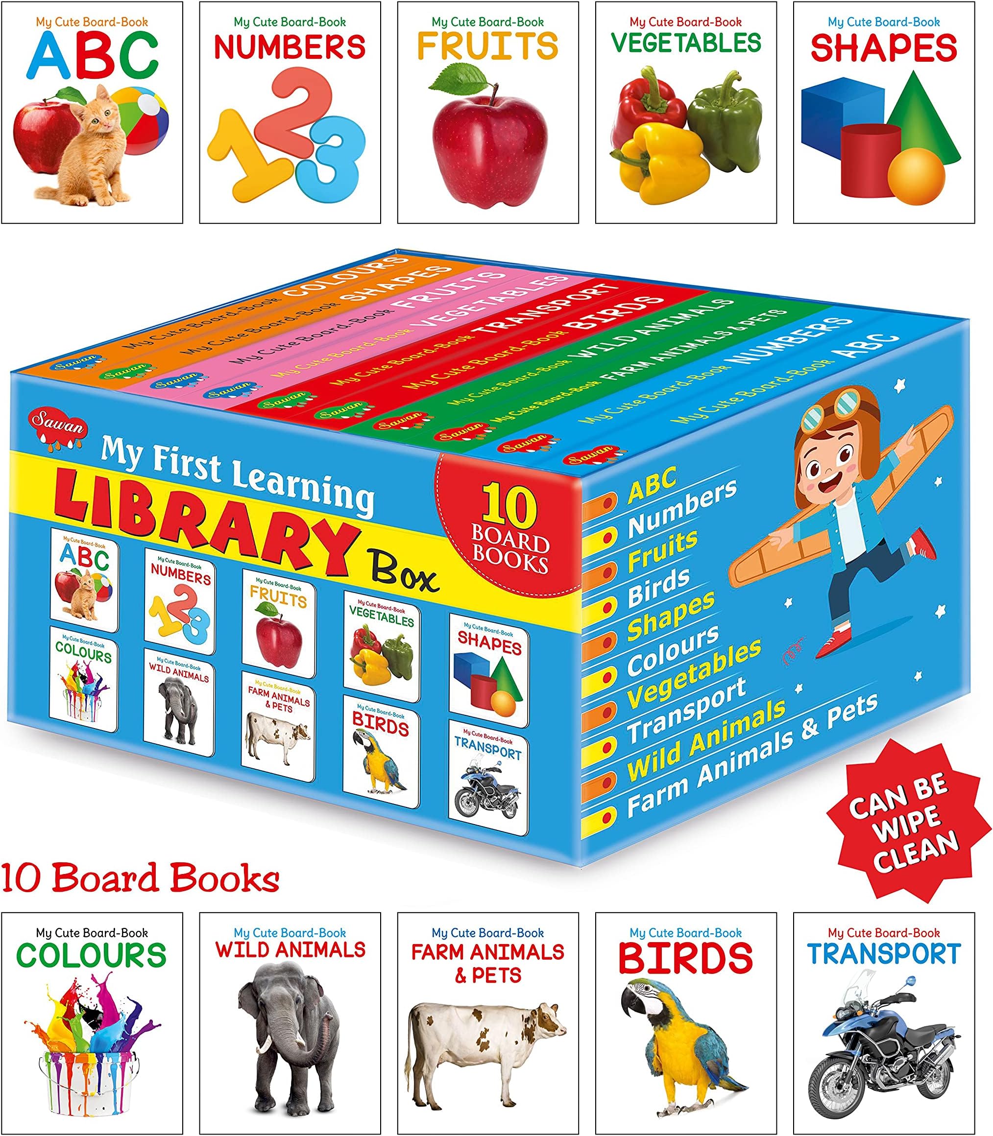 My First Picture Library Blue Box of 10 Board Books (Pre-School Books) | Gift Set For Kids