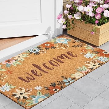 Door Mat Welcome Outdoor Mat Artificial Coir Doormat for Outdoor Outside Indoor Entrance - Front Door Mats Non-Slip Backing Washable Fall Mat for Home Porch Entry Floral Welcome Matt, 17"x 30"