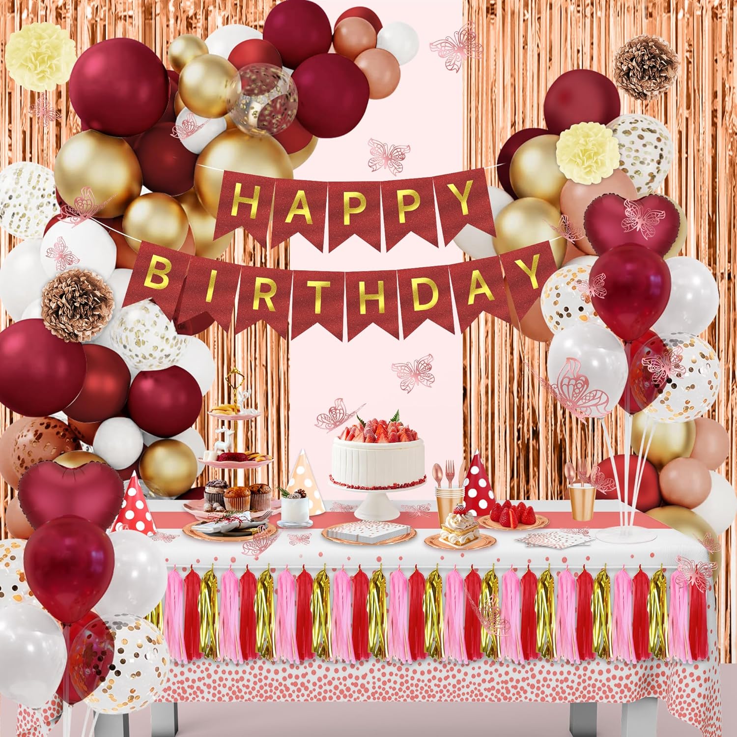 Happy Birthday Decorations For Women,296pcs Burgundy Balloons Birthday Decorations For Girl Kit Disposable Dinnerware Set With 25 Guest, Balloons, Banner, Fringe Curtain,Butterfly Decorations