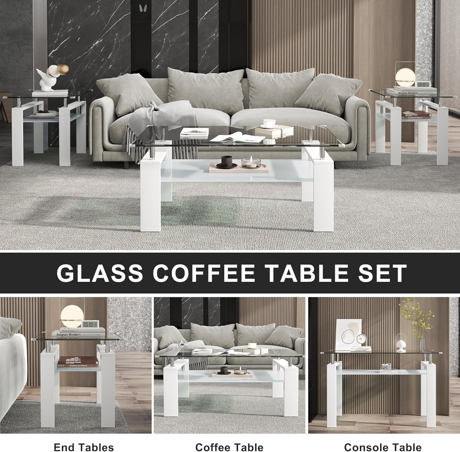 Rectangle White Glass Coffee Table,2-Tier Tempered Glass Modern Tea Table with Metal Support,Living Room Tables with Storage for Living Room/Small Space/Apartment