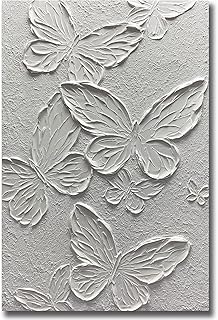 Boiee Art,24x36Inch Hand-Painted Textured Butterfly Canvas Wall Art Abstract Pure White Oil Paintings Modern Contemporary Wall Art Framed Ready to Hang for Home Decorations