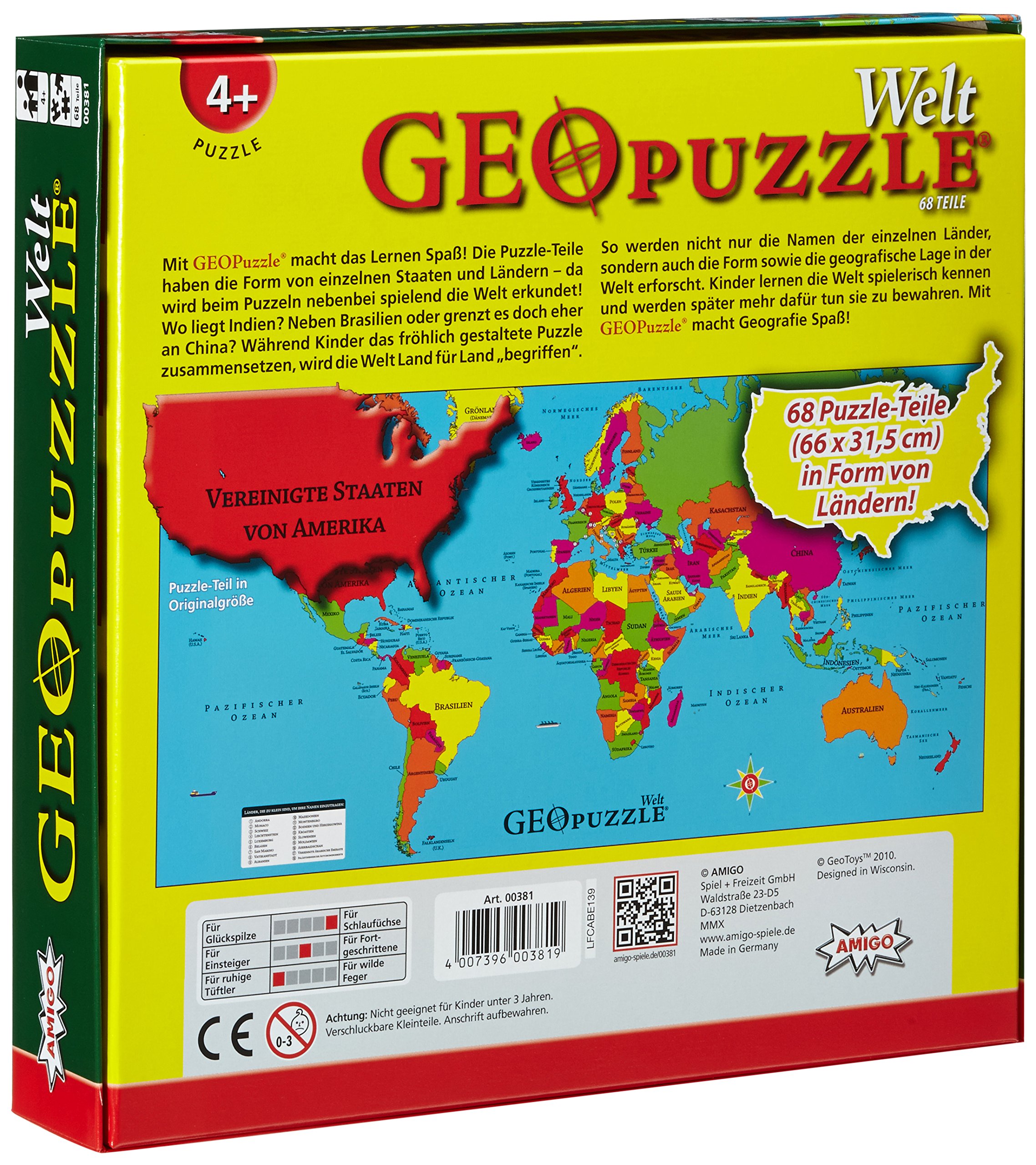 Amigo GEO 507 381 GeoPuzzle Mondo 68 Pezzi Per Bambini 36+ Mesi