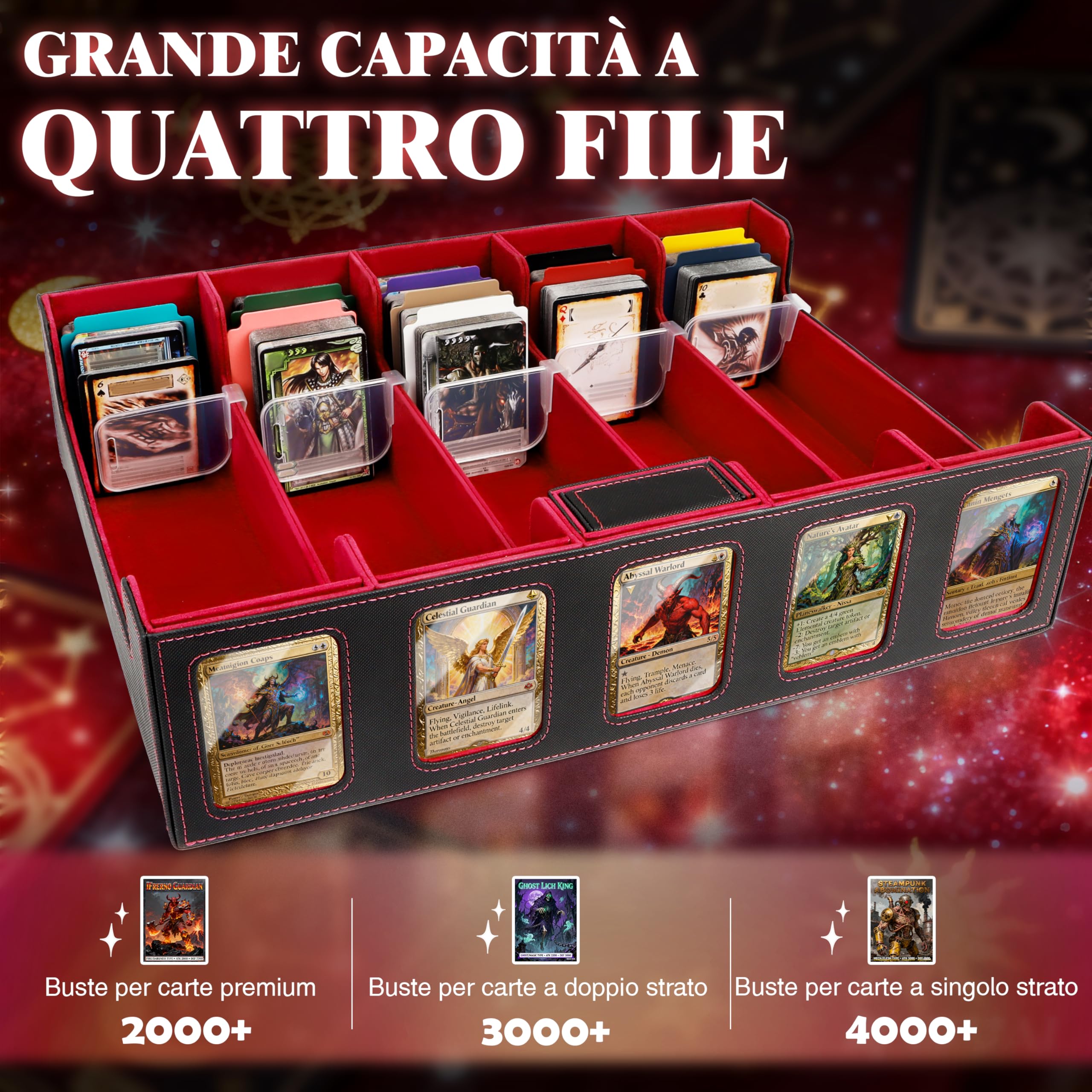 Charmofun Deck Box per Carte, Magnetic Scatola di Carte da Collezione per Oltre 2800+, Porta Deck con Pelle PU e Chiusura Magnetica, 10 Divisori per Carte, 4 Clip Divisorie (Rosso, 3000+)