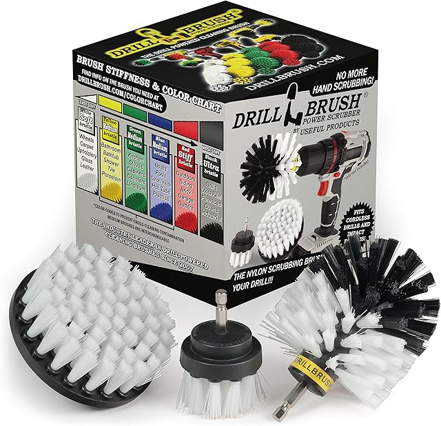 Drillbrush 3 Piece Drill Brush Cleaning Tool Attachment Kit for Cleaning Furniture, Carpet, Chairs, Shower Door Glass  Drill Brush Wheel Cleaner Kit by Drill Brush Power Scrubber by Useful Products