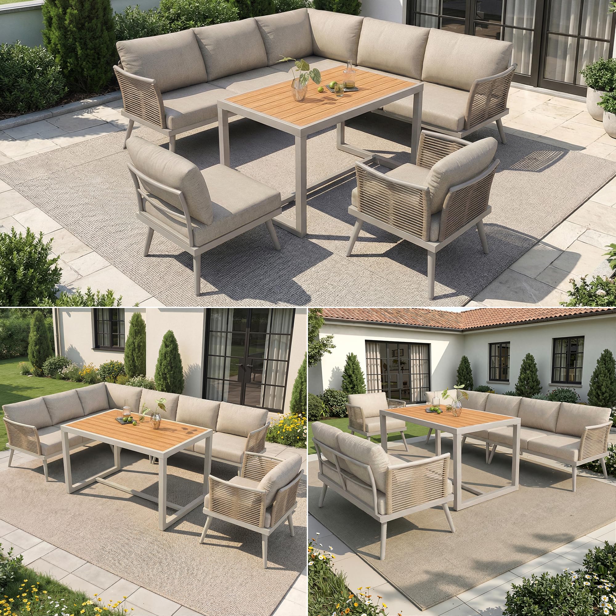 Gartenmöbel Set, L-förmiges Gartenmöbel Lounge, Geeignet für 7 Personen, mit Geflochtenen Armlehnen, Terrassenmöbel Wetterfest Eckgarnitur aus Eisen, Mit Polstern & Kissen, Balkonmöbel, Beige