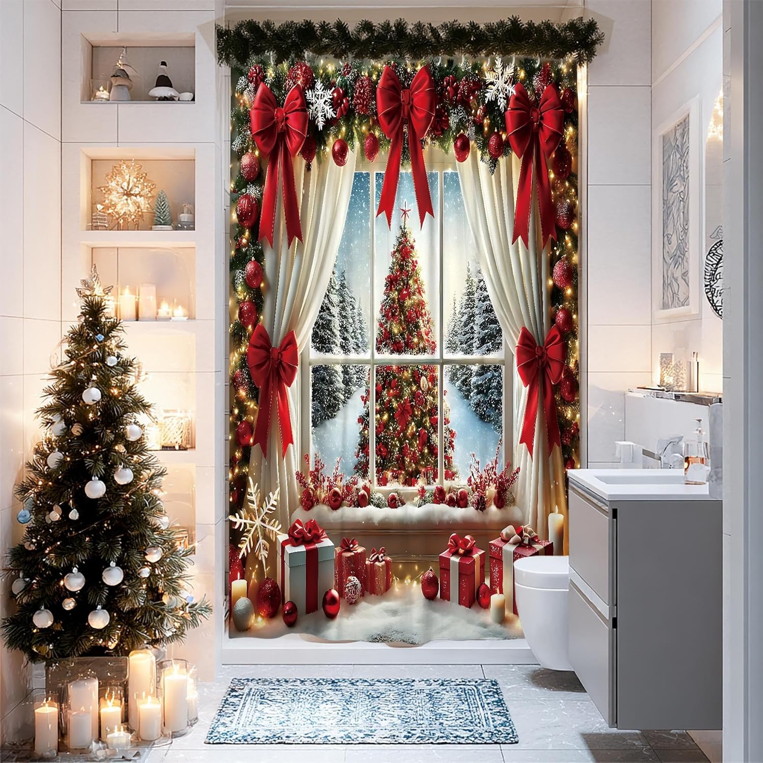 4pcs Christmas Shower Curtain Set, Red Bow and Christmas Tree Bath Mat Rugs Accessories for Bathroom Decor, Winter Festive Waterproof Fabric Shower Curtain Set with Hooks 72x72 Inch