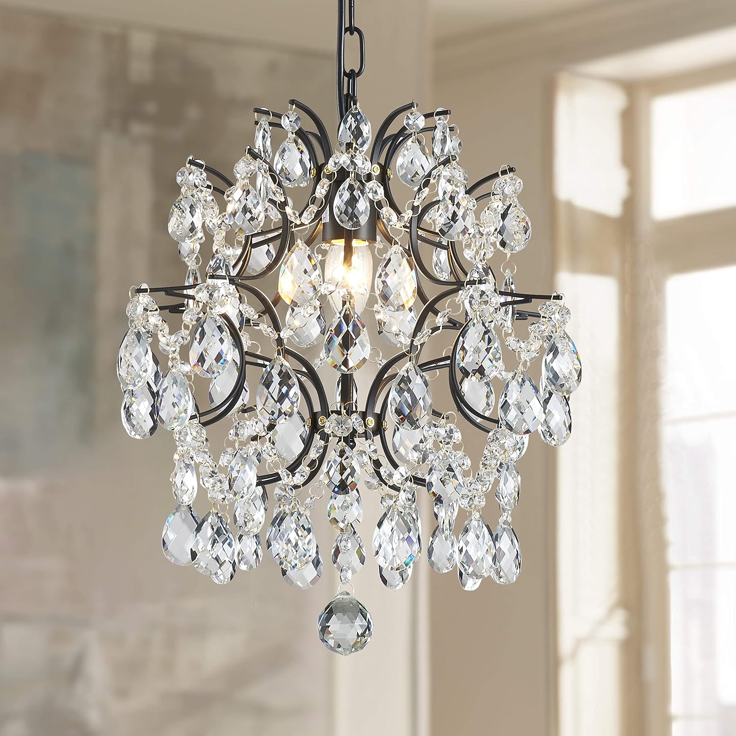 Bestier Black Modern Pendant Chandelier Crystal Raindrop Lighting Ceiling Light Fixture Lamp for Dining Room Bathroom Bedroom Livingroom entryway 1 E26 Bulbs Required D13 in x H16 in