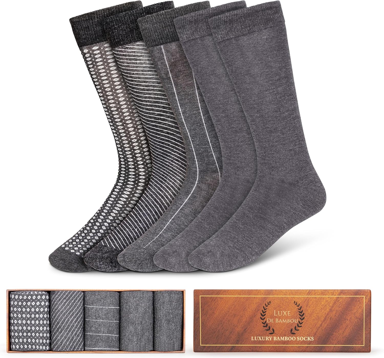 Luxe De Bamboo Rayon socks Mens Dress Socks for Men 9-12,Charcoal and Black socks for men 5-Pack in a Gift Box