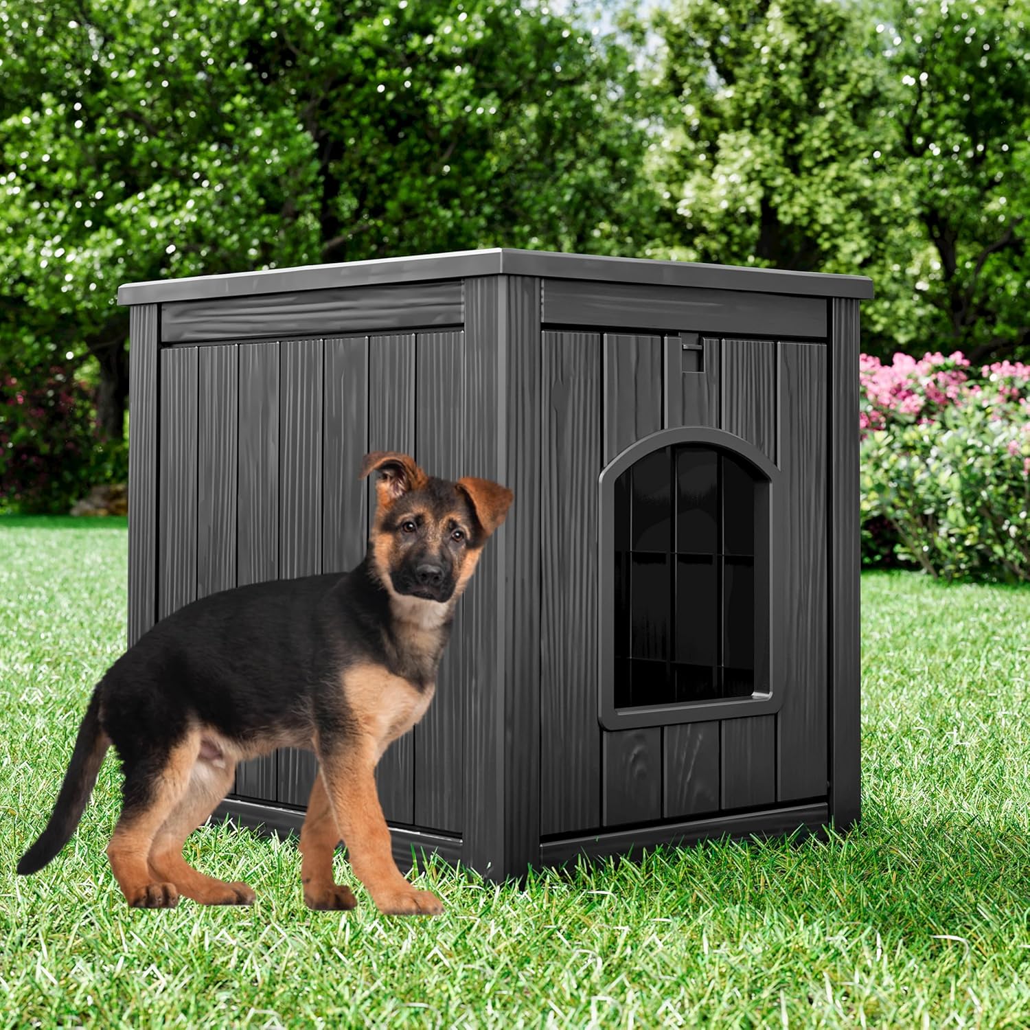 NUNU LAB Dog House for Indoor and Outdoor– Weatherproof PP Plastic Dog Shelter, Waterproof & Windproof Kennel for Small & Medium Dogs (Black)