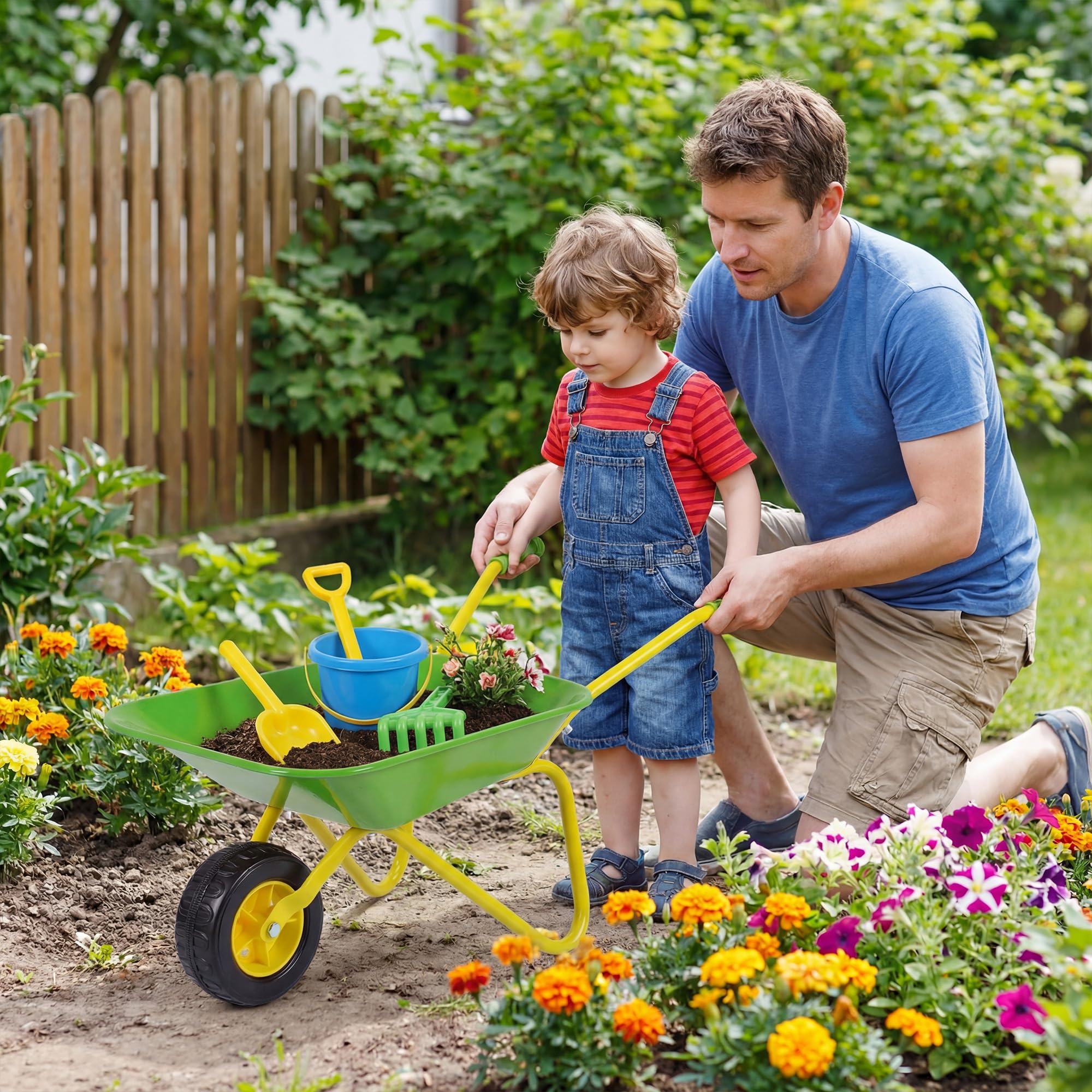 KOMFOTTEU Carretilla para Niños, Carrito de Playa Infantil con Rueda Todoterreno, Asa Antideslizante y Estructura Metálica, Carretilla de Juguete Exterior para Jardinería, Niños 3+ Años