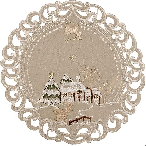 Mantel individual bordado rústico beige para Navidad, invierno, nieve, mantel individual (16 pulgadas, redondo)