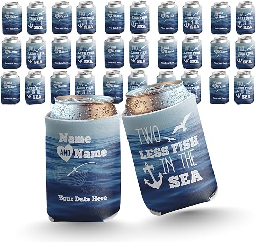 25-Pack Custom Nautical Wedding Can Coolers – “Two Less Fish in the Sea” Design with Anchor – Personalized Name & Date – 12oz Beverage Sleeves – Made in USA