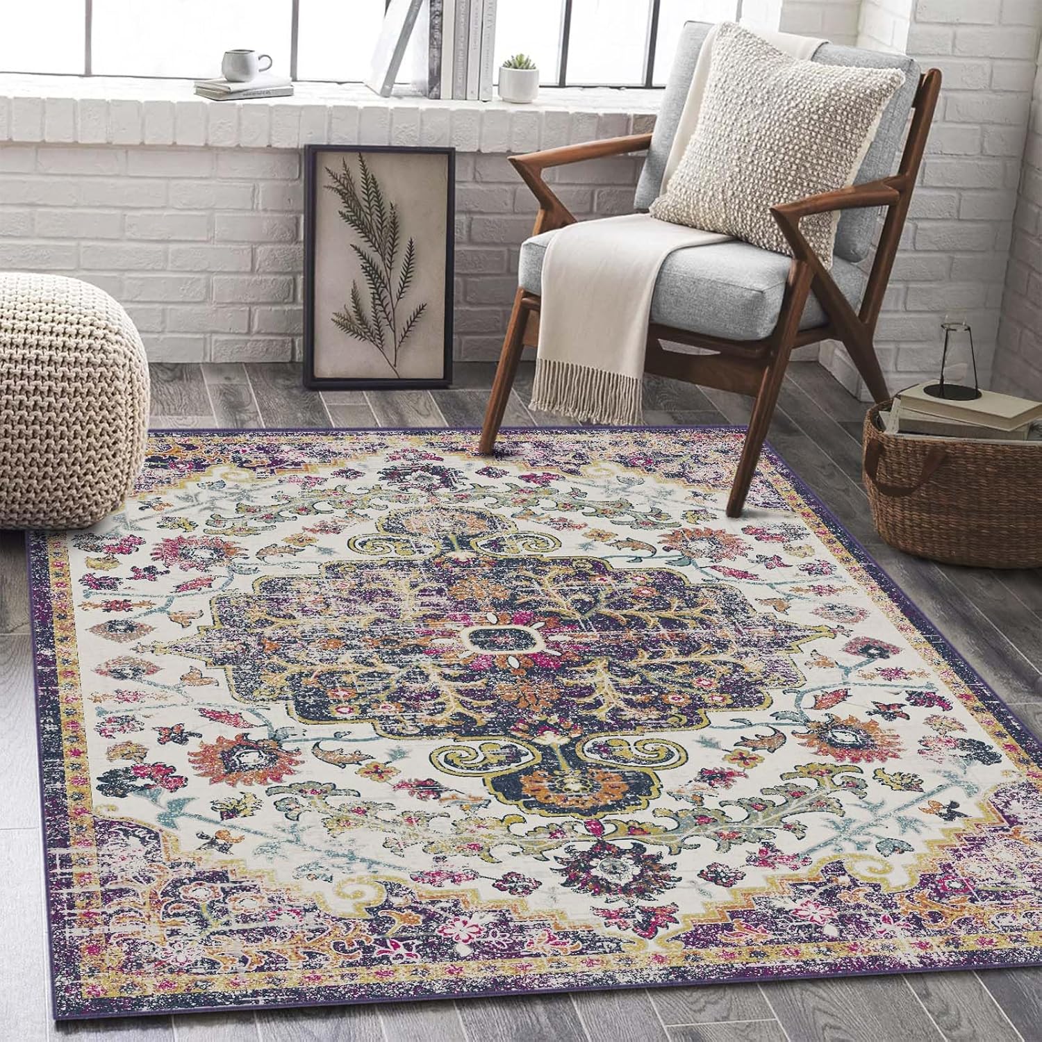 Washable Area Rug 8x10, Large Soft Rugs for Living Room Vintage Beige Carpet 8x10 Area Rugs for Bedroom Dining Room Non-Slip Stain Resistant Under Table Rug