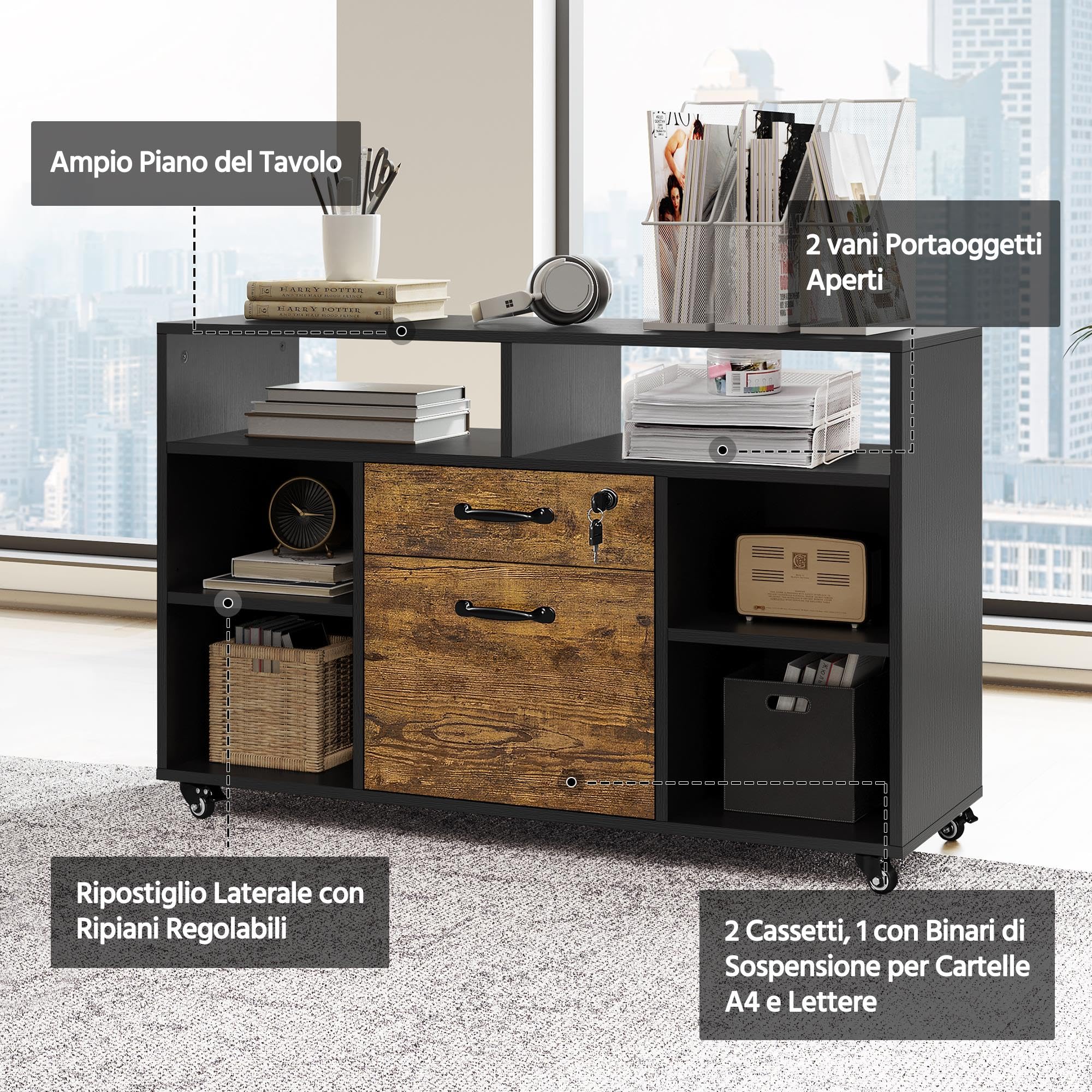 Yaheetech Caisson de Bureau avec 2 Tiroirs et 6 Casiers, Caisson de Rangement à 5 roulettes, Dossier A4 / Lettre Support pour Imprimante, 2 tablettes réglables Domicile Industriel,100×40×66,5 cm