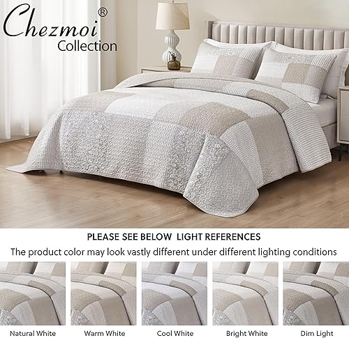 Vista 106 de Chezmoi Collection Samuel Juego de colcha con relleno de cuadros gris pardo, blanco y azul marino, 3 piezas, retales, algodón prelavado, ligero