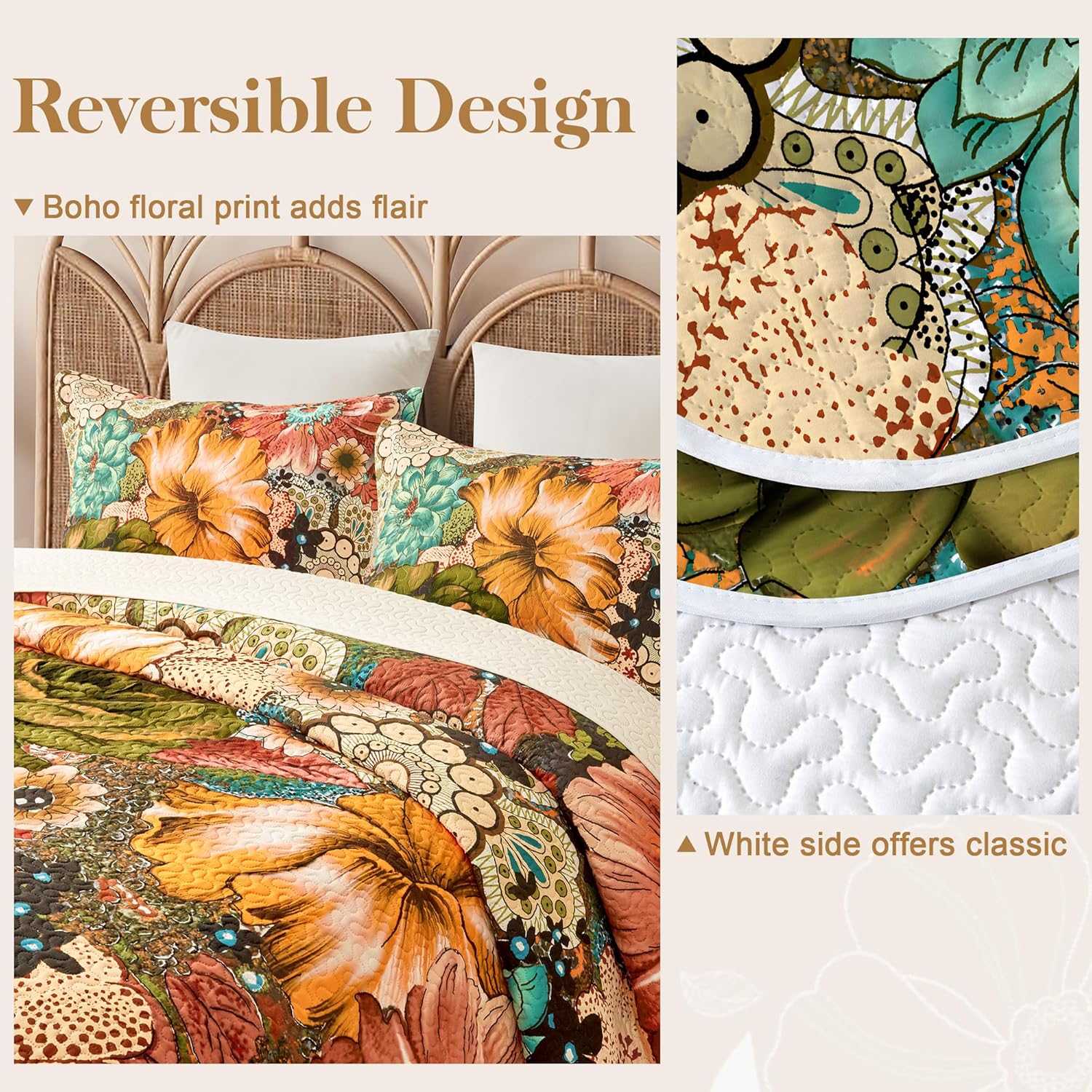 Boho Floral Quilt Sets King Size Reversible Mid Century Quilt Bedding Set Bohemian Design Soft Bedspread 3 Pieces Microfiber Lightweight Coverlet with 2 Pillow Shams for All Seasons, 106''x96'' - Image 3