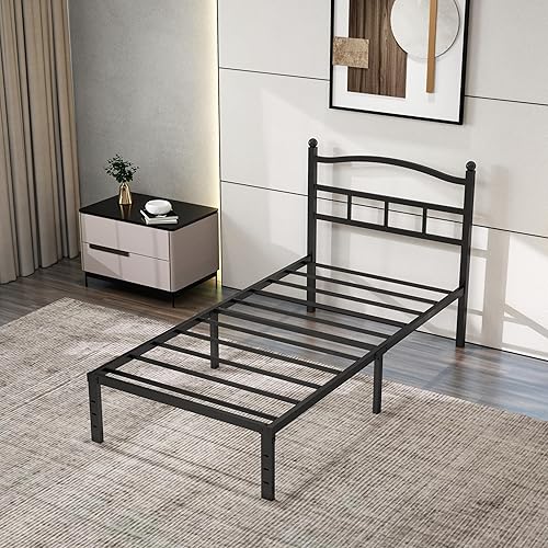 Miniatura 3 de Marco de cama individual de metal de 14 pulgadas con plataforma individual de metal con cabecera y almacenamiento debajo de la cama, camas