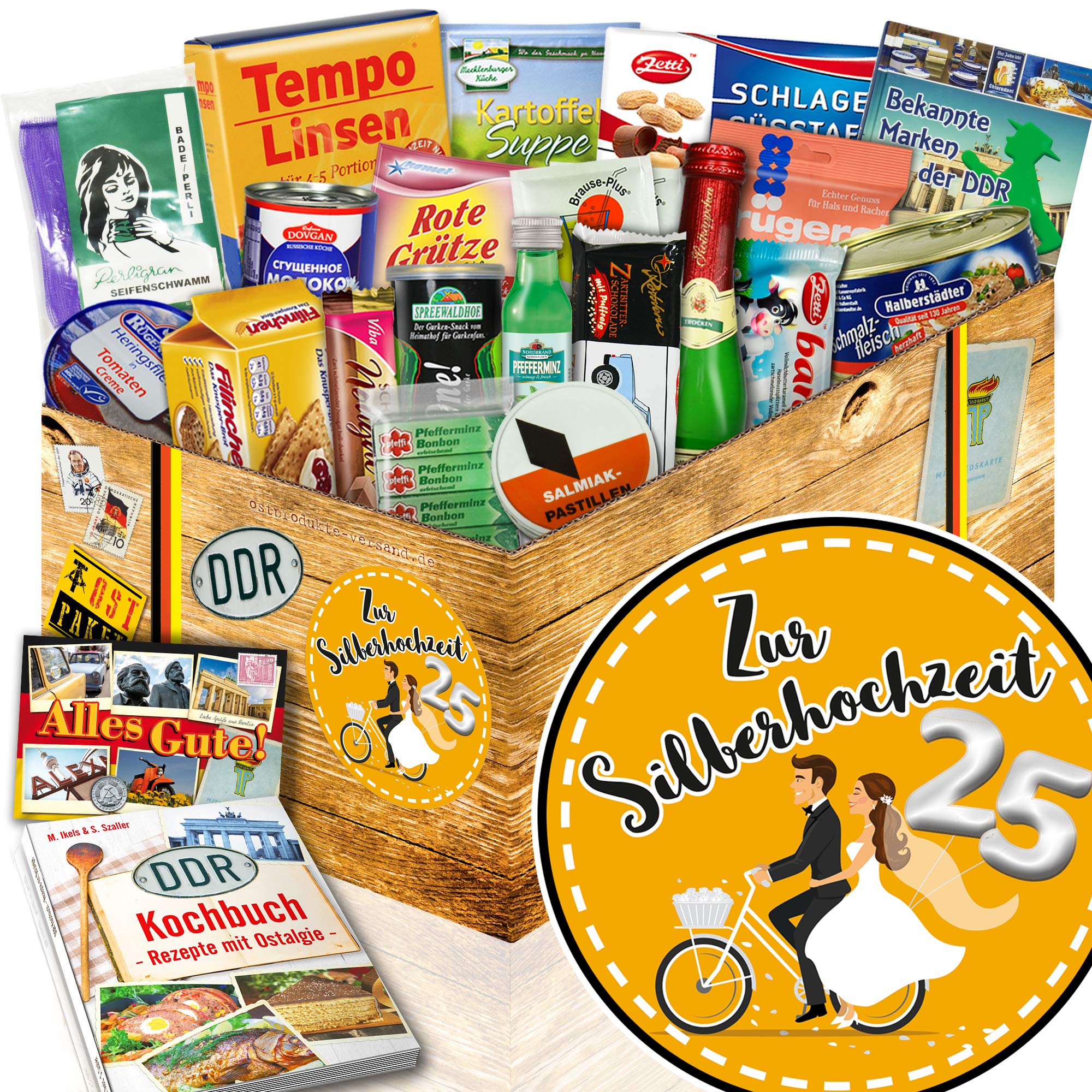 Ostalgie Silberhochzeit Geschenkbox - 18 DDR Spezialitäten & Kochbuch | Großes Ostpaket zum 25. Hochzeitstag mit Rotkäppchen Sekt, Zetti, Viba, Trabi Schokolade und DDR Rezepten im Set