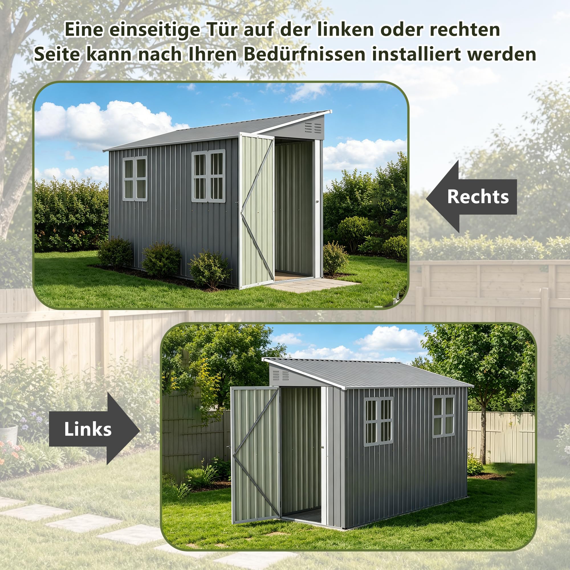 Casetta da giardino in metallo, casetta per attrezzi in metallo con kit di base, 1,2x3 m (4x10 piedi) Capanno da giardino per uso esterno a carico pesante, design ad appoggio con porta sinistra/destra