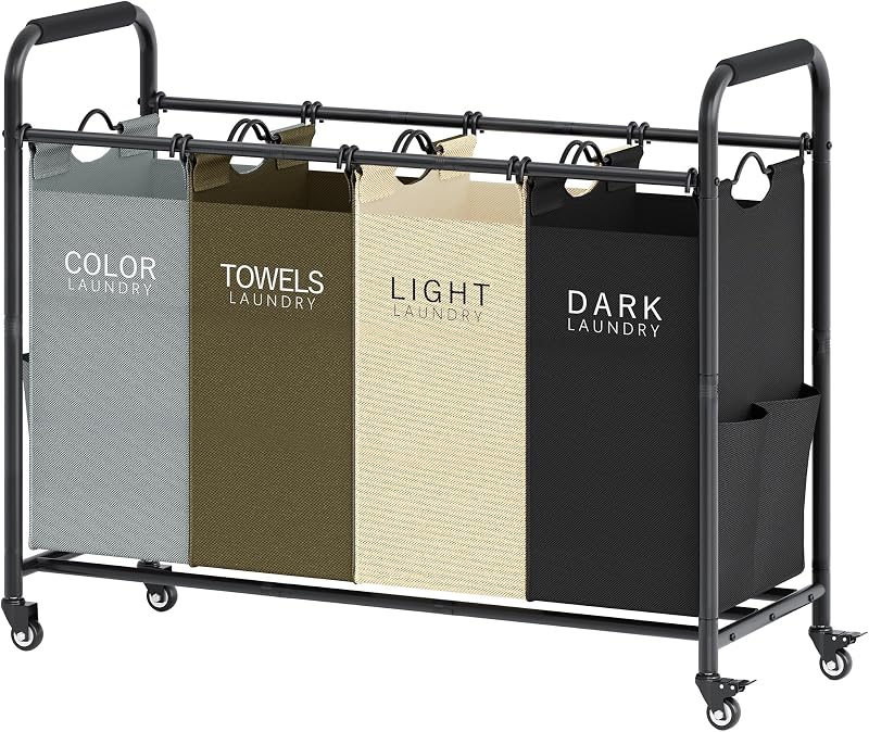 4 Bag Laundry Sorter Cart, Laundry Sorter 4 Sections, 4 Colors | Laundry Hamper Sorter with Heavy Duty Lockable Wheels, Laundry Separator with Removable Bags, Bedroom, Laundry Room, Bathroom