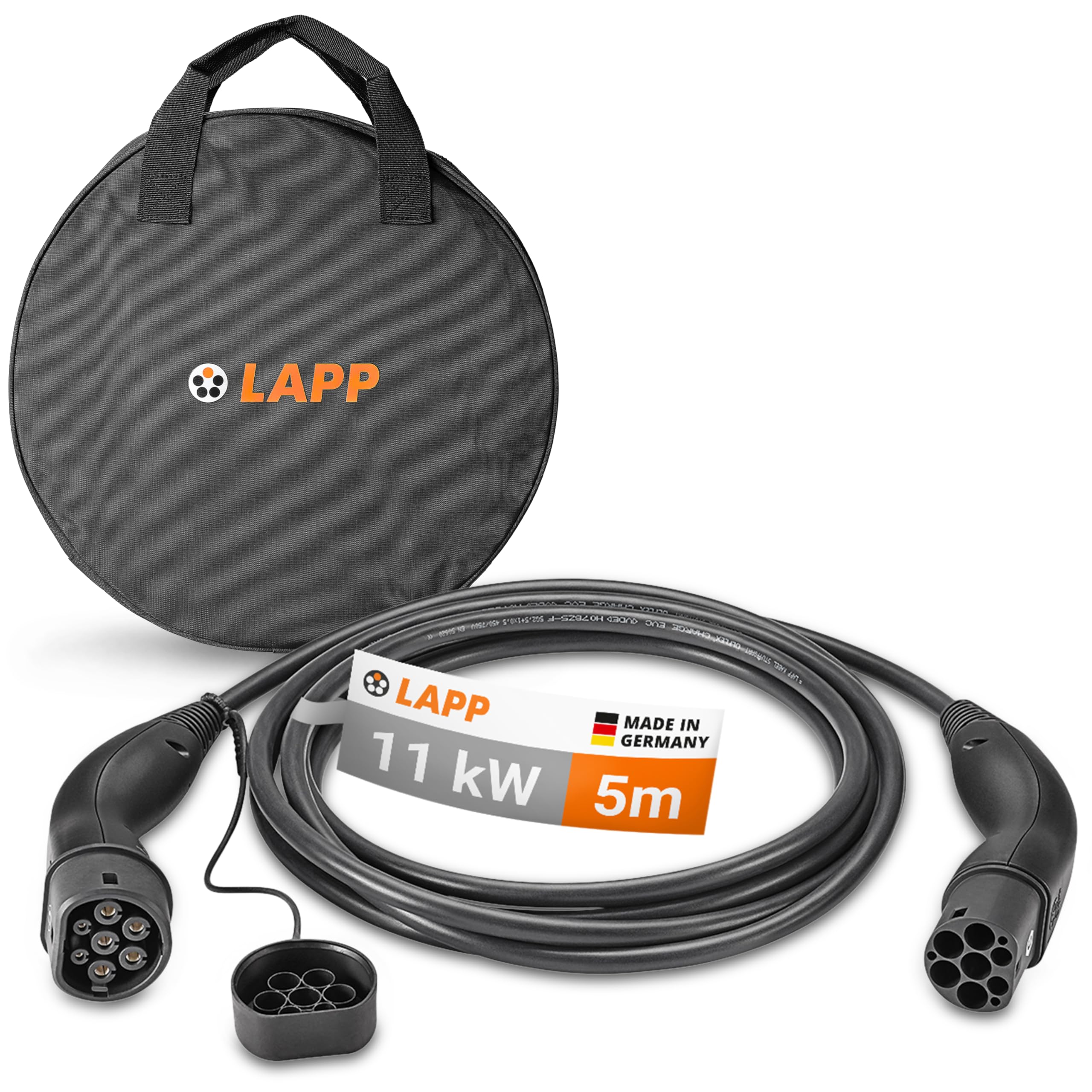 Lapp Mobility Set de Cable de Carga Tipo 2 con Bolsa de Transporte, 11 kW, 5 m, 20 A, trifásico, Modo 3, IP55, para Coches eléctricos e híbridos, Compatible con wallbox y estación de Carga, Negro