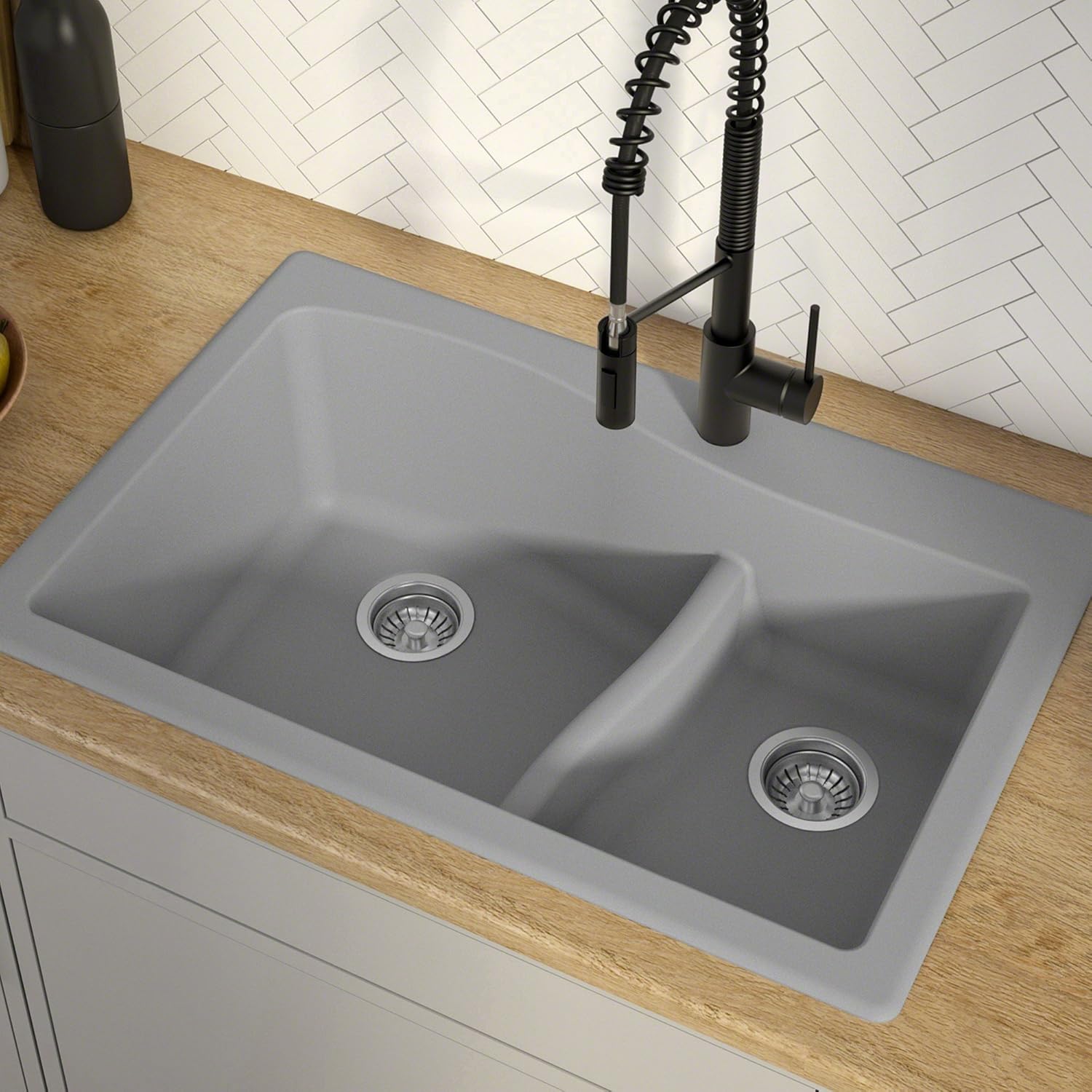KRAUS KGD-442 Quarza 33-inch 33” Dual Mount 60/40 Double Bowl Granite Kitchen Sink in Grey