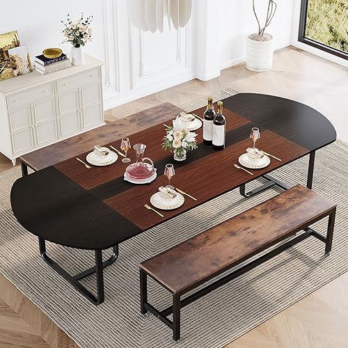 Miniatura 4 de Tribesigns Mesa de comedor ovalada moderna de 70.86 pulgadas con tablero de empalme de acabado nogal y negro, mesas de cocina curvadas para 6-8,