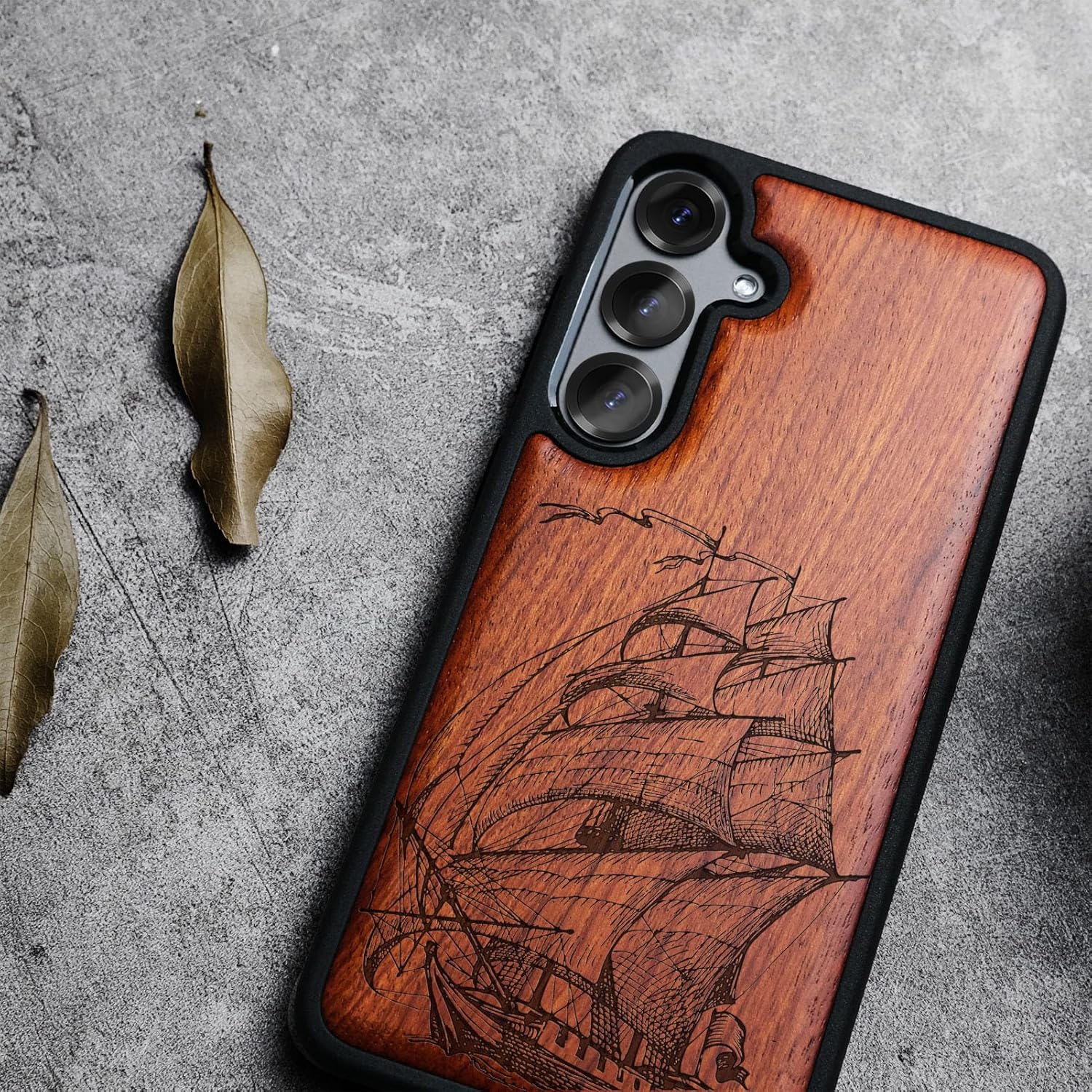 Carveit Magnetic Wooden Case for Galaxy S25+ Samsung S25 Plus Case, TPU Shockproof Cover & Wood Engraved, Compatible with MagSafe Wireless Chargers (Pirate Ship) Rosy