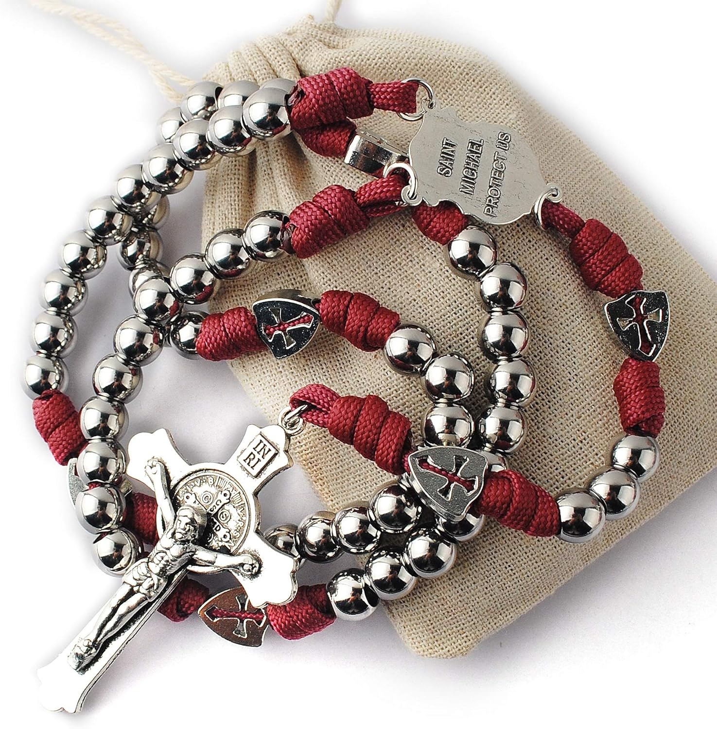 HanlinCC Large and Heavy Stainless Steel Beads Rugged Durable Paracord Rosary Necklace for Men with St.Michael Center Piece and St.Benedict Crucifix - Image 3