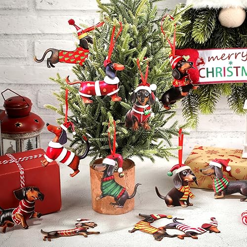 Miniatura 3 de Suzile 36 Pcs Christmas Ornaments Dachshund Wooden Dachshund Themed Christmas Tree Decorations with 11.8 Inch Red Ribbon