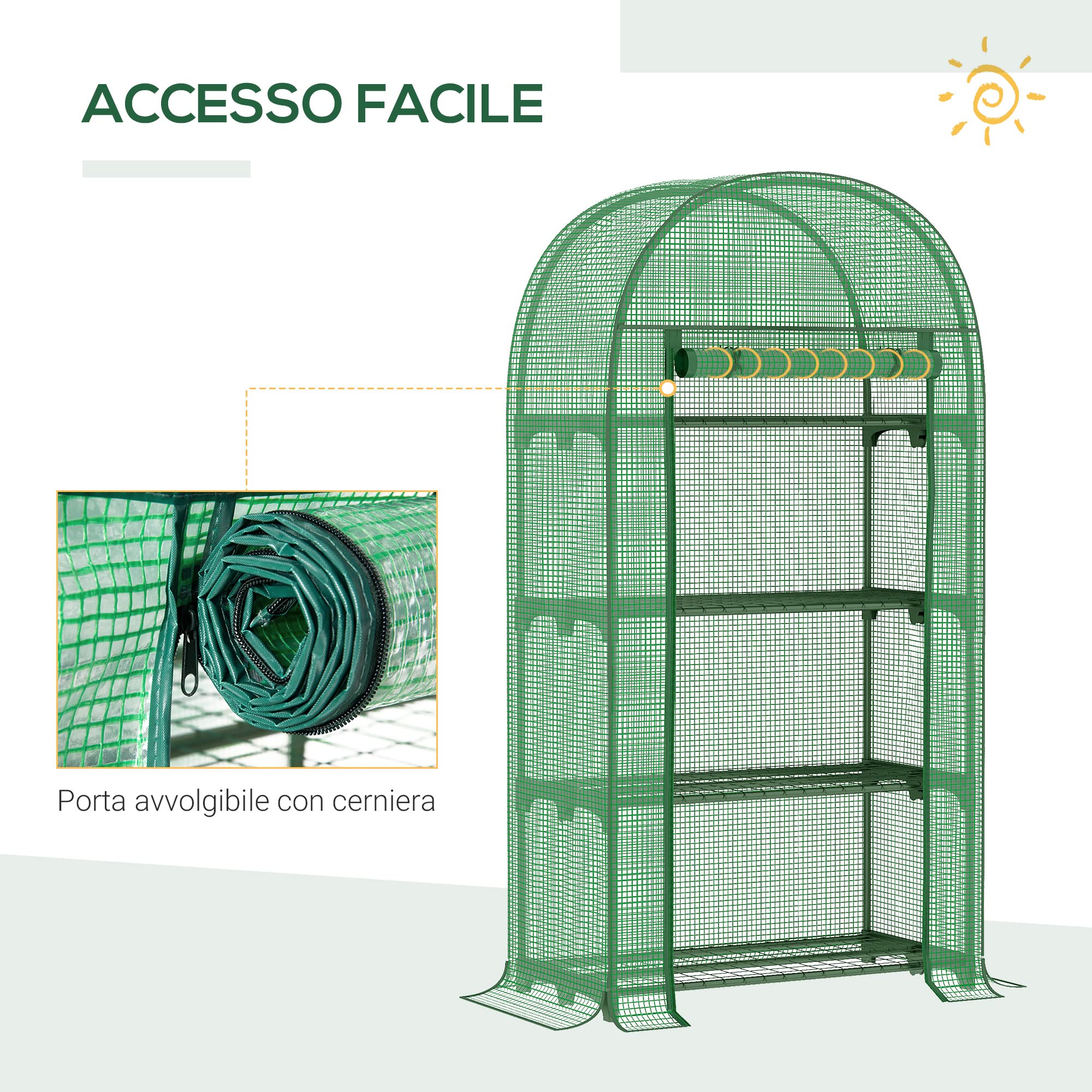 Outsunny Serra da Balcone a 4 Ripiani Serra per Orto 80x50x160 cm Verde | Con Porta Avvolgibile, Struttura in Acciaio e Copertura PE, per Piante Orto Verdure Fiori Frutta, Anti UV
