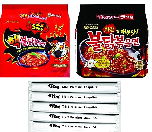Samyang Combo de ramen de pollo picante/2 combinaciones BULDAK picantes y originales, paquete de 10, con 5 palillos TBT de alta calidad (2 picantes