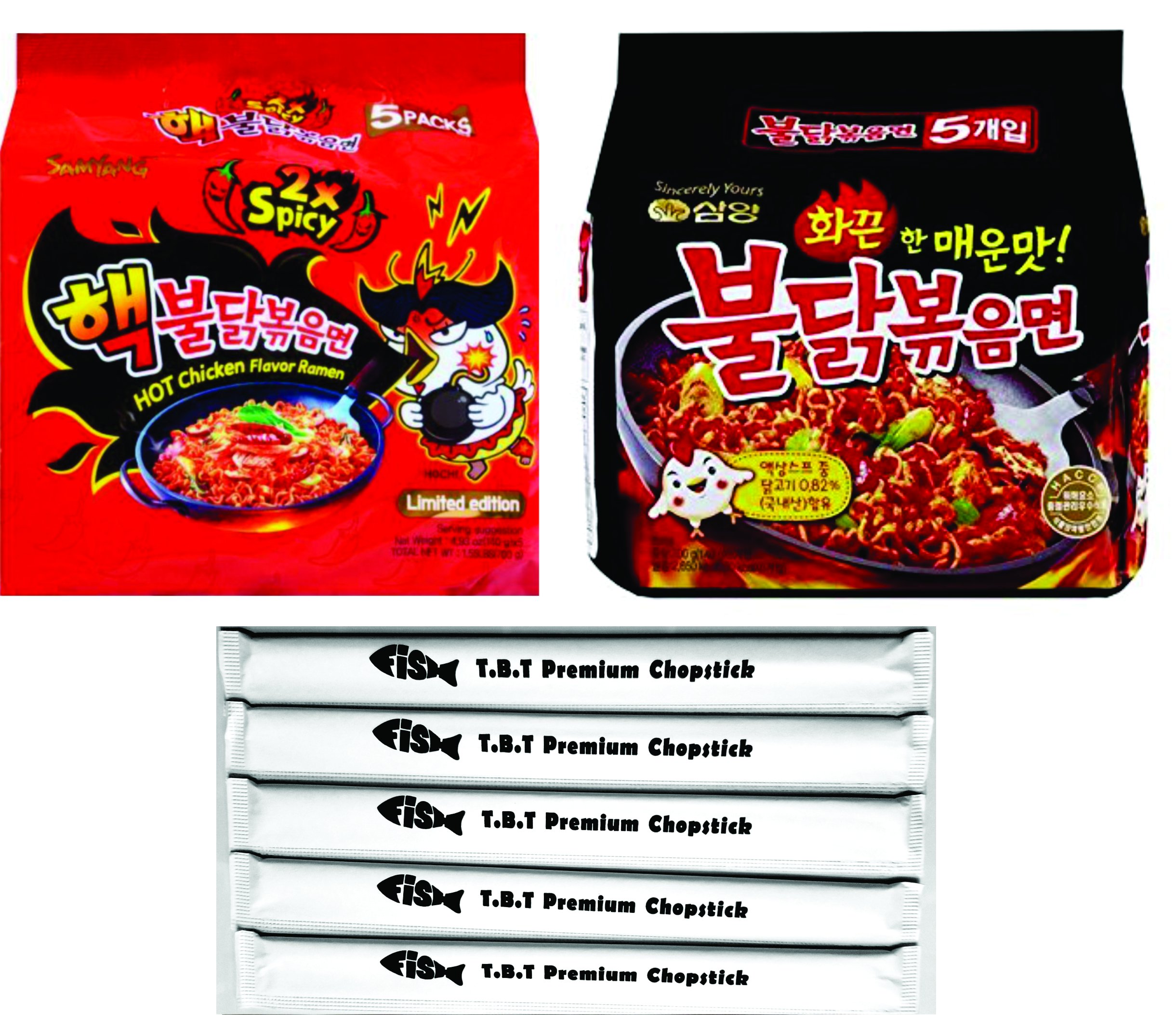 SamyangSpicy Chicken Ramen Combo / 2x Spicy & Original BULDAK Combo, Pack of 10, With 5 TBT Premium Chopsticks (2x Spicy & Original)