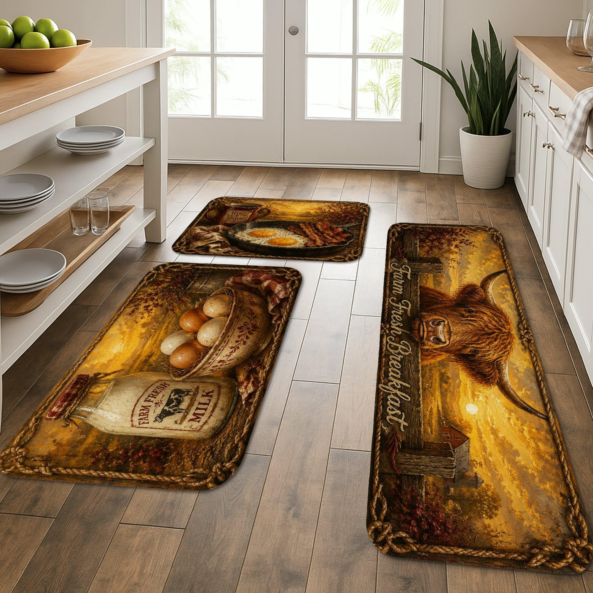 Lot de 3 tapis de cuisine rustiques bovins des Highlands doux et lavables pour sol