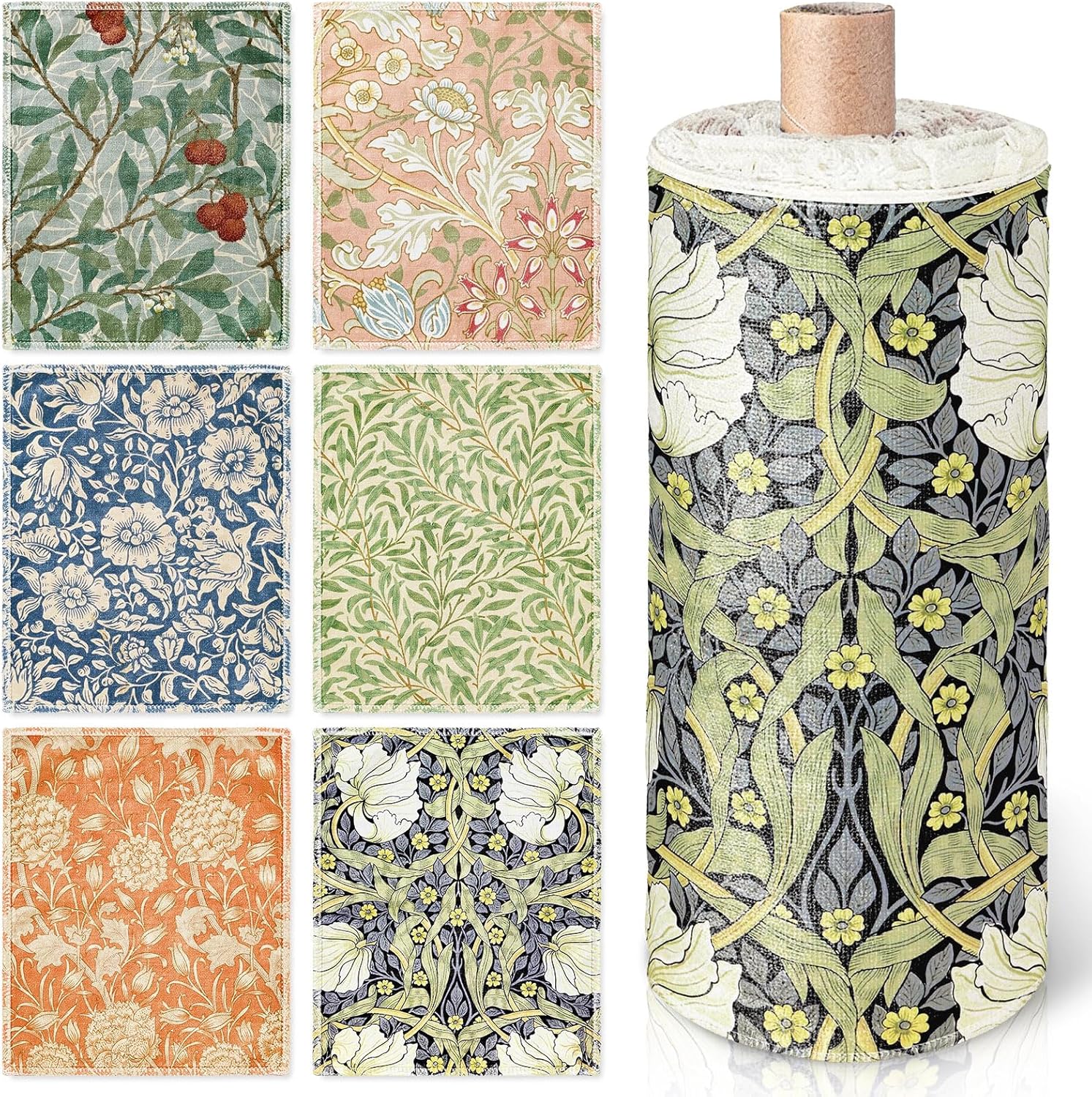 Whaline 36 Pcs Reusable Paper Towels Paperless Towels William Morris Vintage Flower Washable Cotton Cloths with Roll for Kitchen Bathroom Cleaning