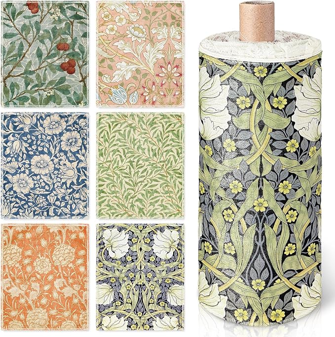 Whaline 36 Pcs Reusable Paper Towels Paperless Towels William Morris Vintage Flower Washable Cotton Cloths with Roll for Kitchen Bathroom Cleaning
