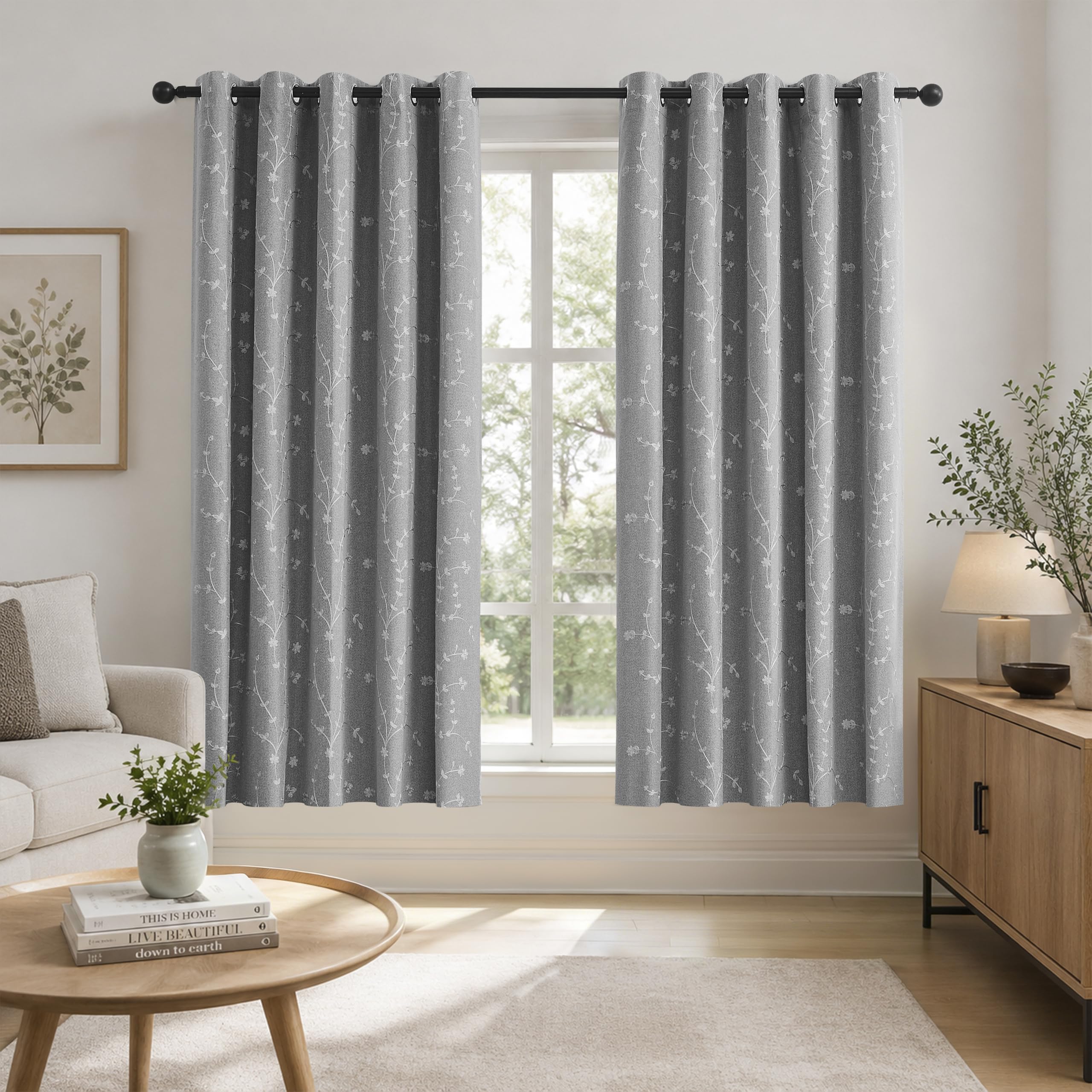 Bujasso Grey Embroidered Floral Blackout Curtains 66"x72" Grommet 2 Panels