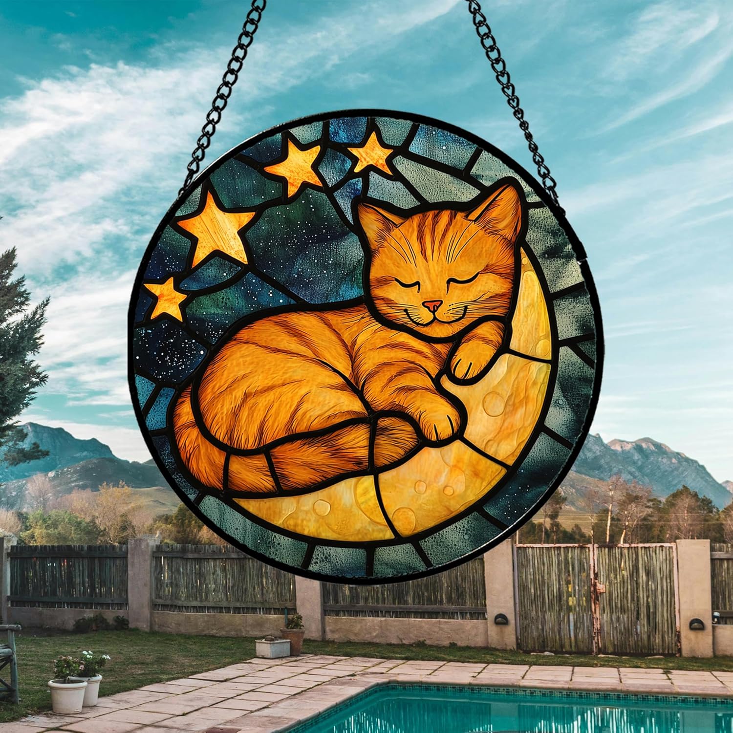 Stained Glass Window Hanging - Orange Cat Sun Catcher for Door Home Decor Stars and Moon Suncatcher Christmas Mother's Day Birthday Loss of a Pet Gifts for Women Men Mom Nana 7.8 in - Image 3
